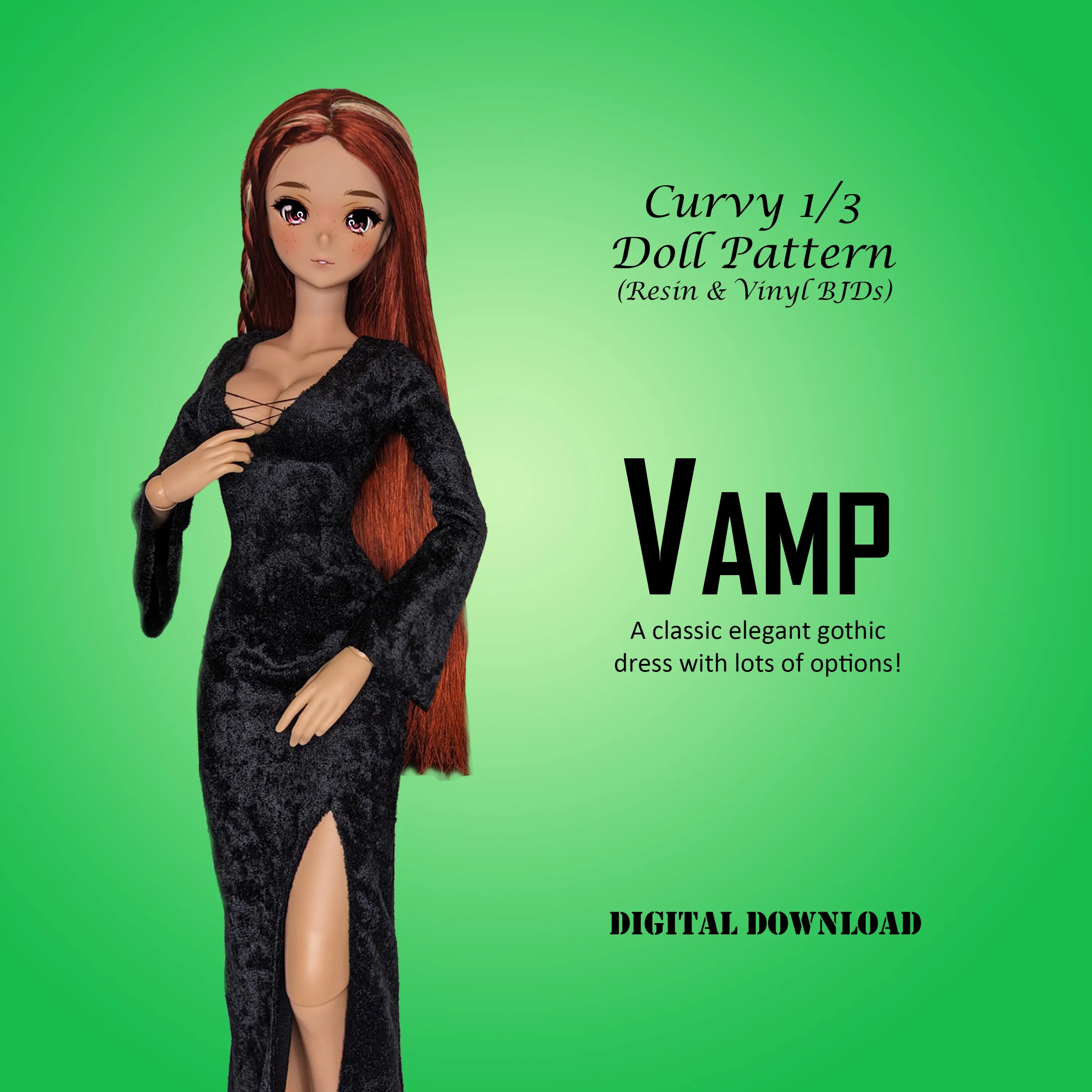 1/3 Vamp! 60cm Resin & Vinyl BJD Dolls - Fashion Doll Gothic costume with lots of dress/sleeve options - Downloadable RAD Doll Clothes PDF Sewing Pattern