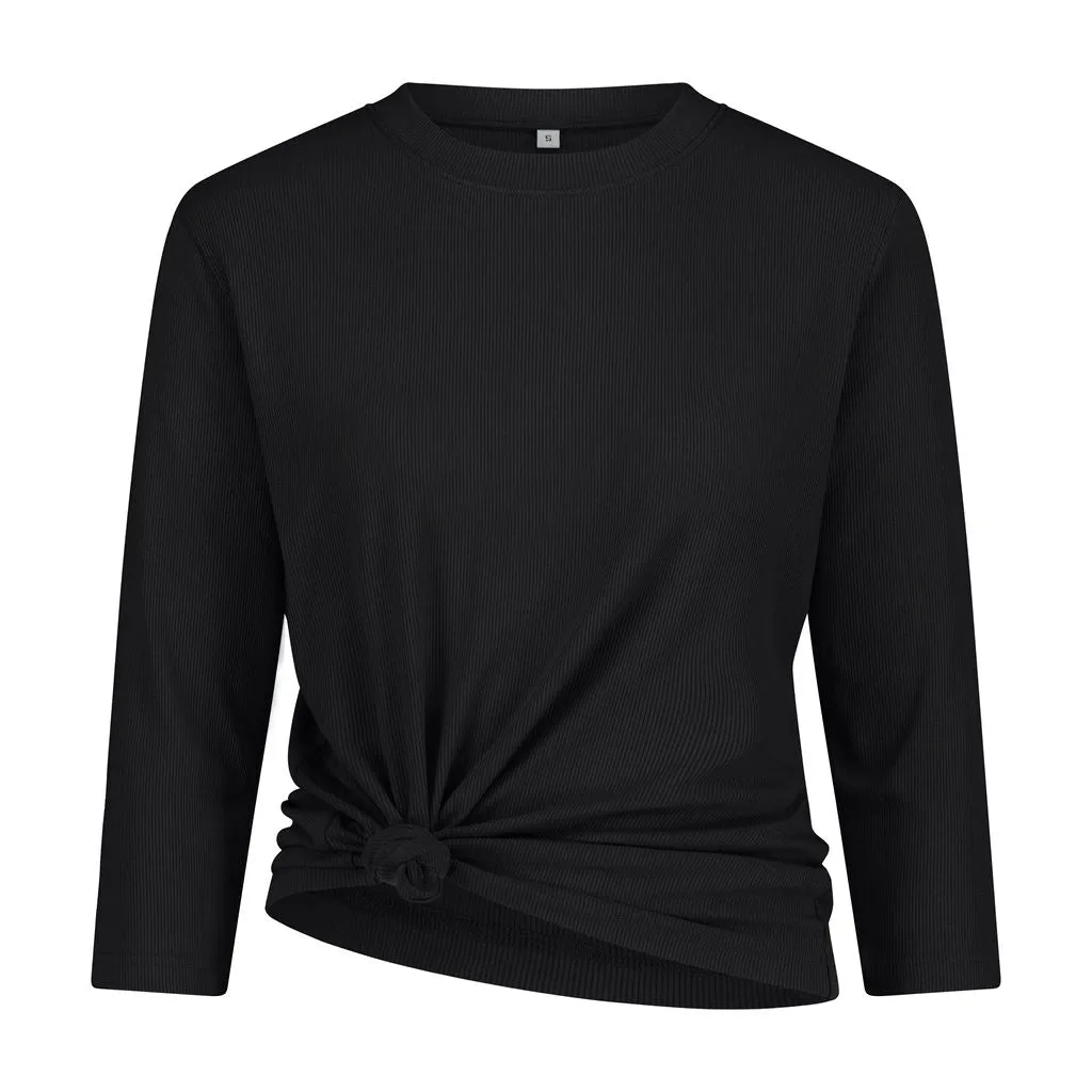 3-4 Sleeve Ribbed Crew Neck Tee- Black