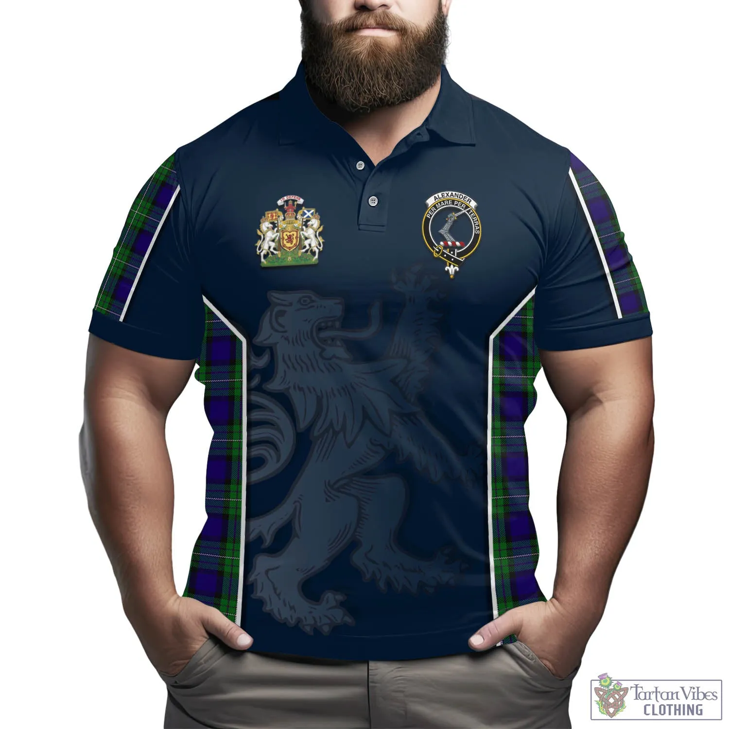 Alexander Tartan Men's Polo Shirt with Family Crest and Lion Rampant Vibes Sport Style