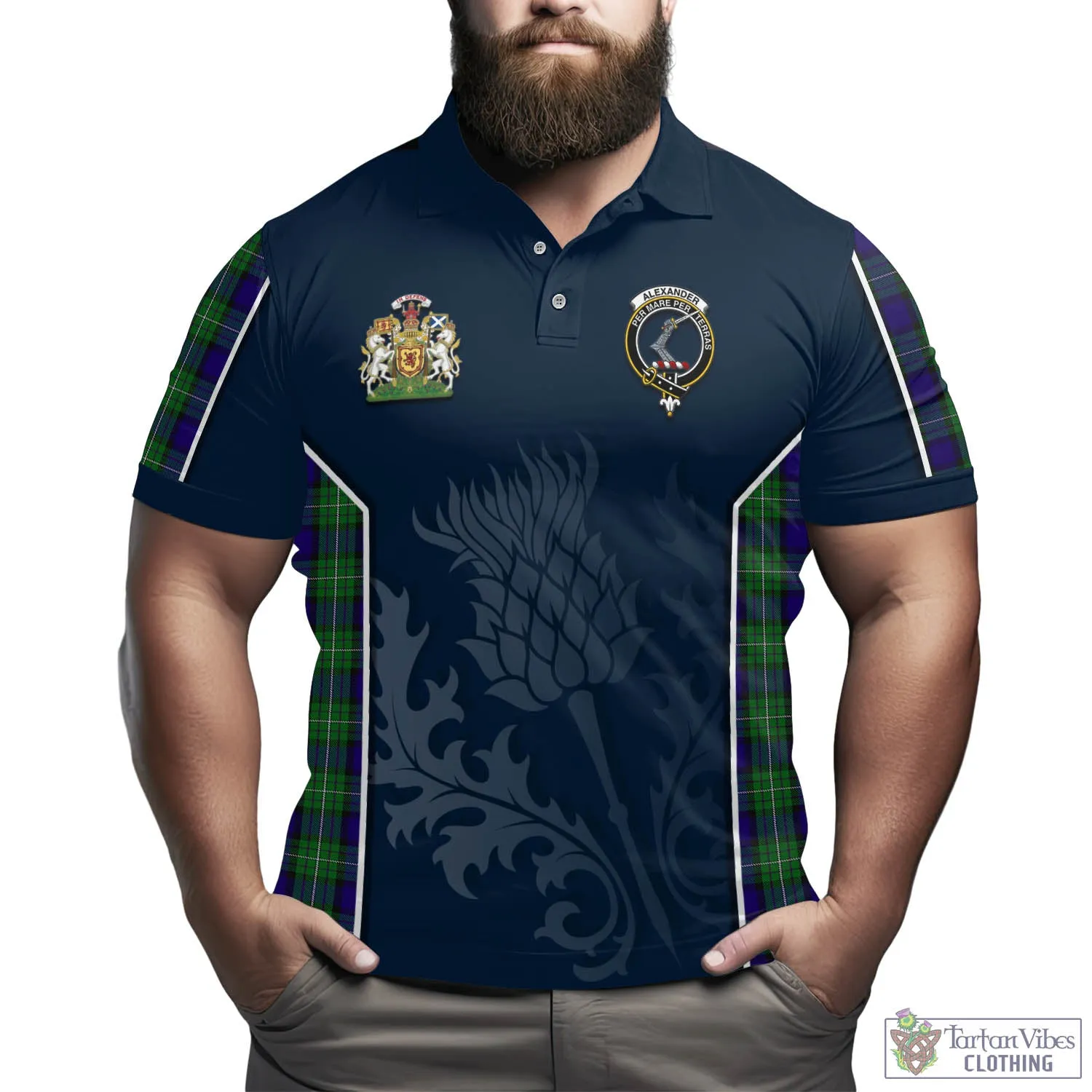 Alexander Tartan Men's Polo Shirt with Family Crest and Scottish Thistle Vibes Sport Style