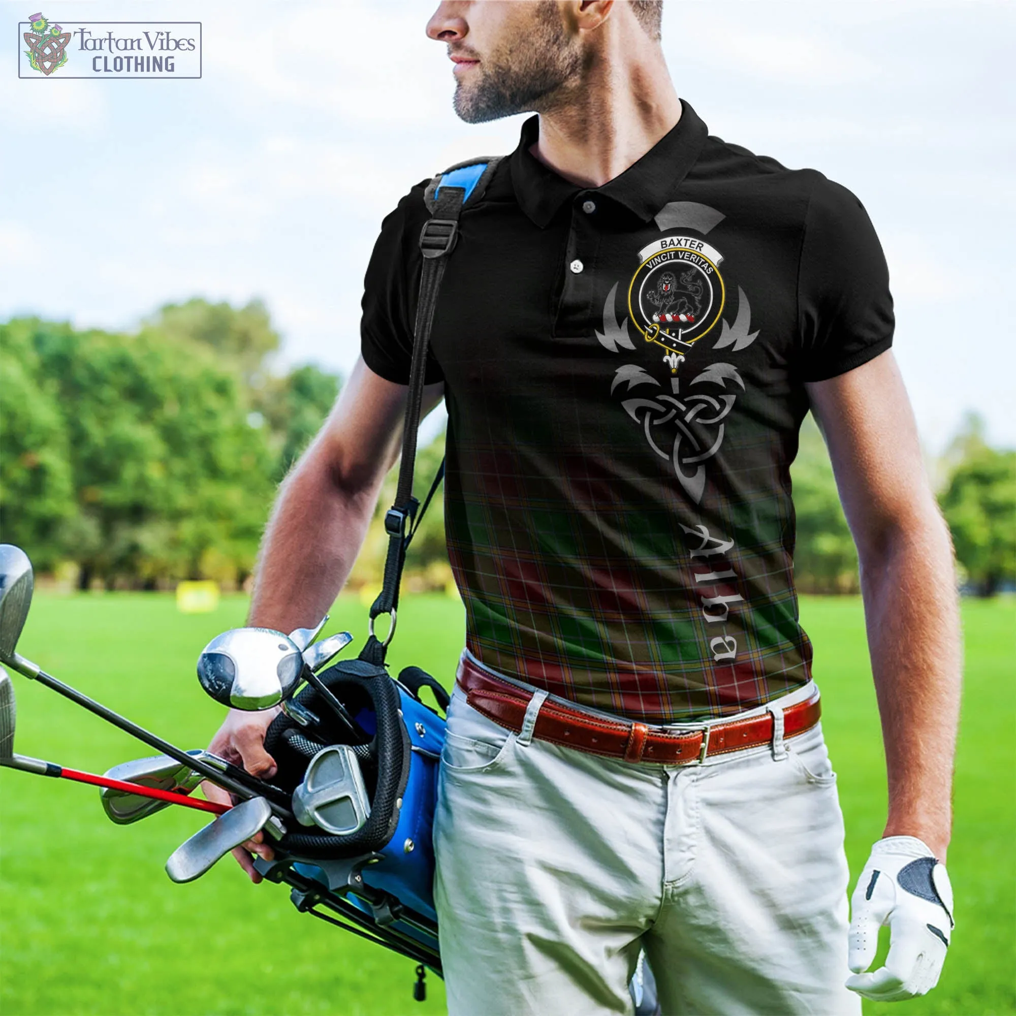 Baxter Modern Tartan Polo Shirt Featuring Alba Gu Brath Family Crest Celtic Inspired