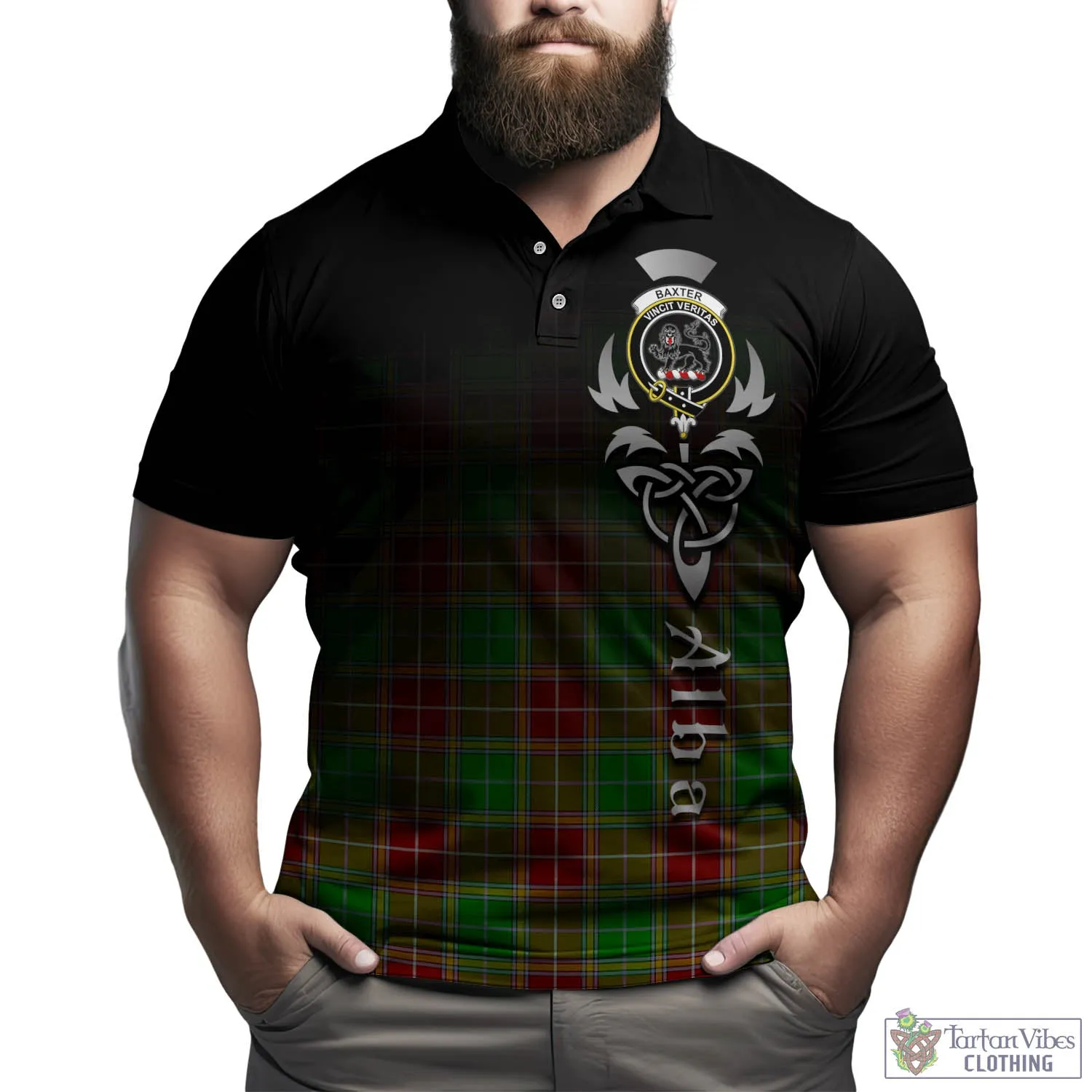 Baxter Modern Tartan Polo Shirt Featuring Alba Gu Brath Family Crest Celtic Inspired