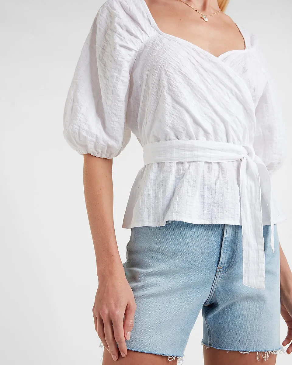 Belted Puff Sleeve Wrap Front Top in White