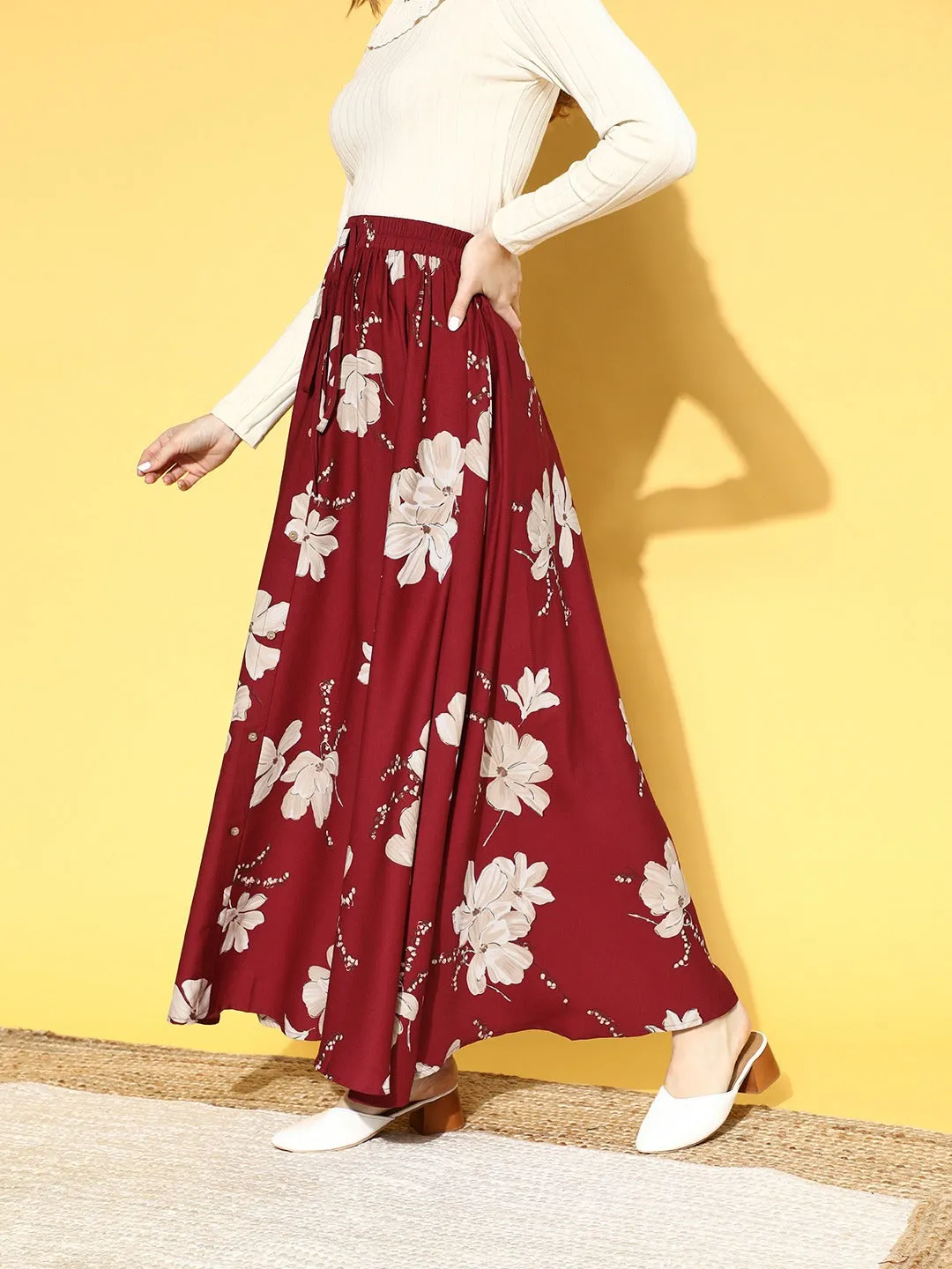 Berrylush Women Maroon & White Floral Printed Waist Drawstring Flared A-Line Maxi Skirt