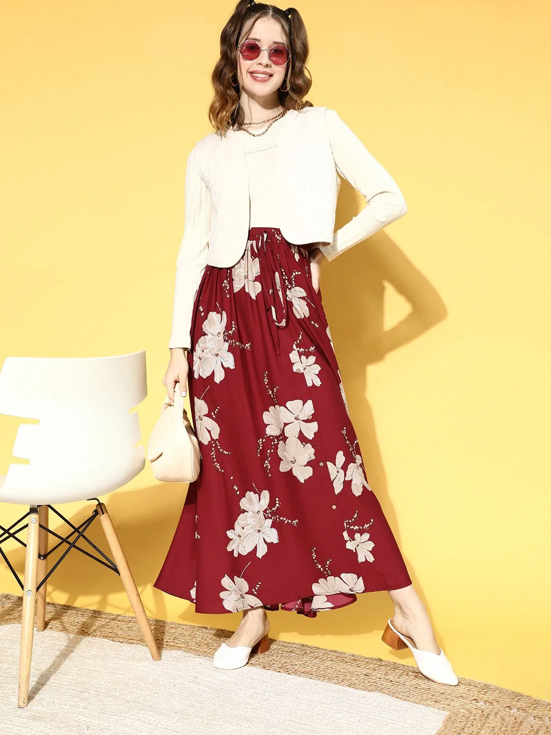 Berrylush Women Maroon & White Floral Printed Waist Drawstring Flared A-Line Maxi Skirt