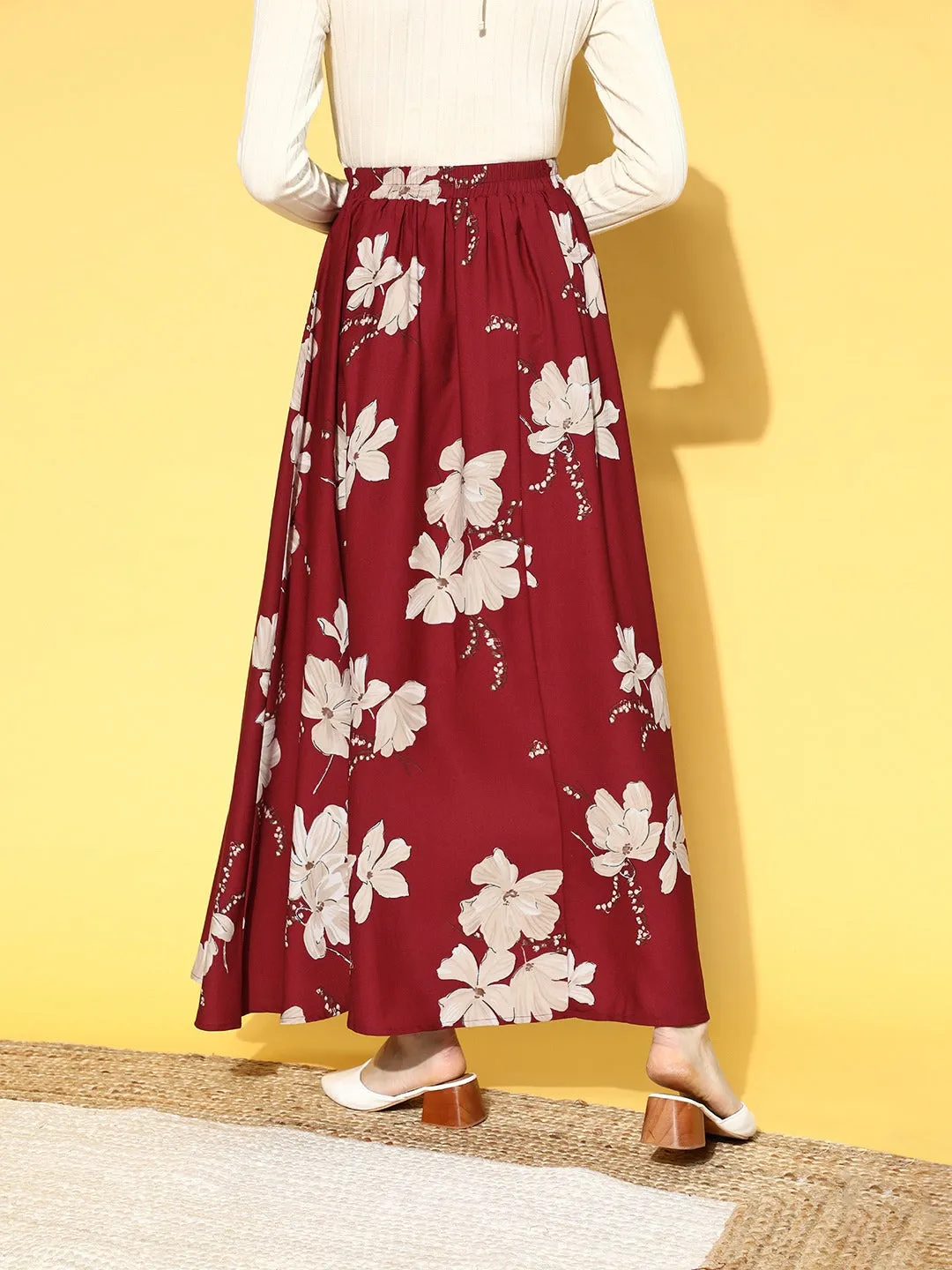 Berrylush Women Maroon & White Floral Printed Waist Drawstring Flared A-Line Maxi Skirt