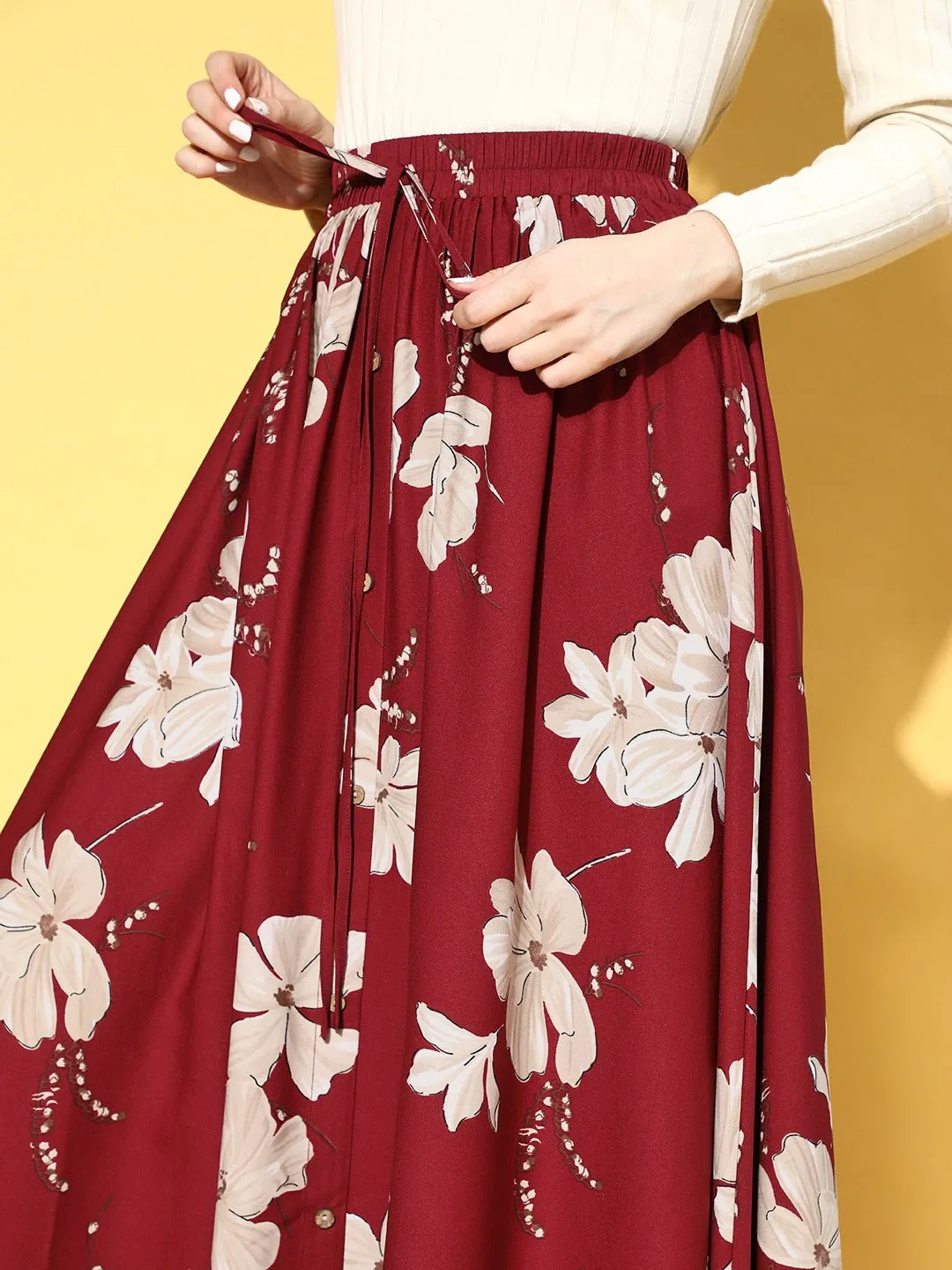 Berrylush Women Maroon & White Floral Printed Waist Drawstring Flared A-Line Maxi Skirt