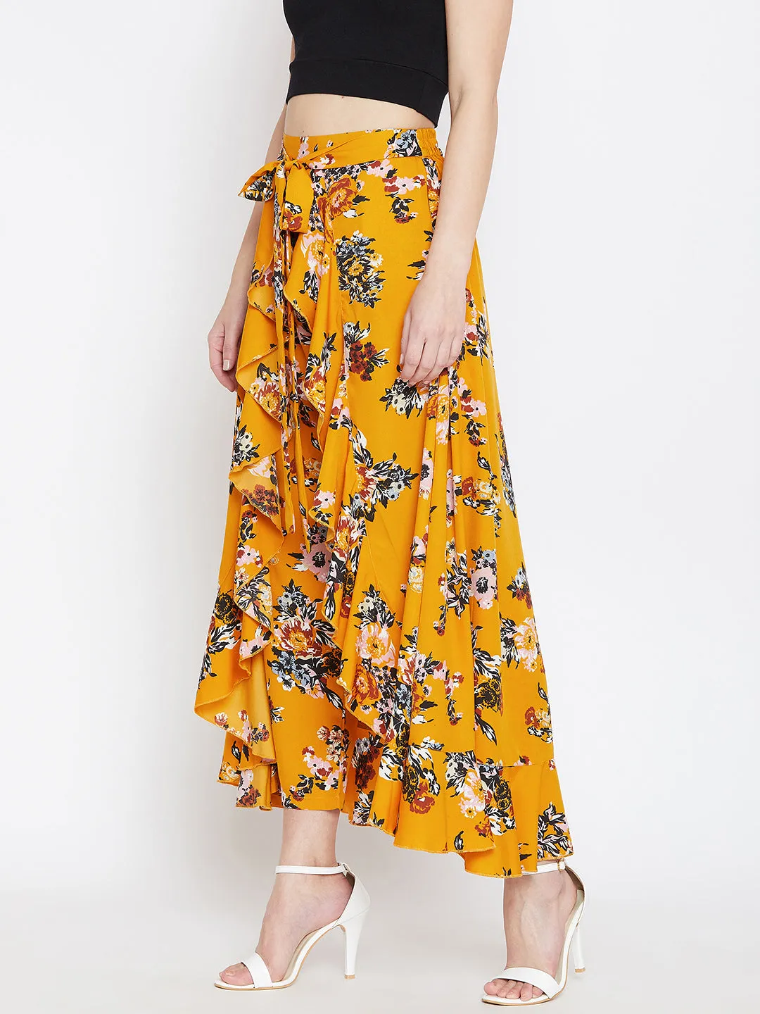 Berrylush Women Mustard Yellow Floral Printed Ruffled Asymmetrical Hem Maxi Skirt