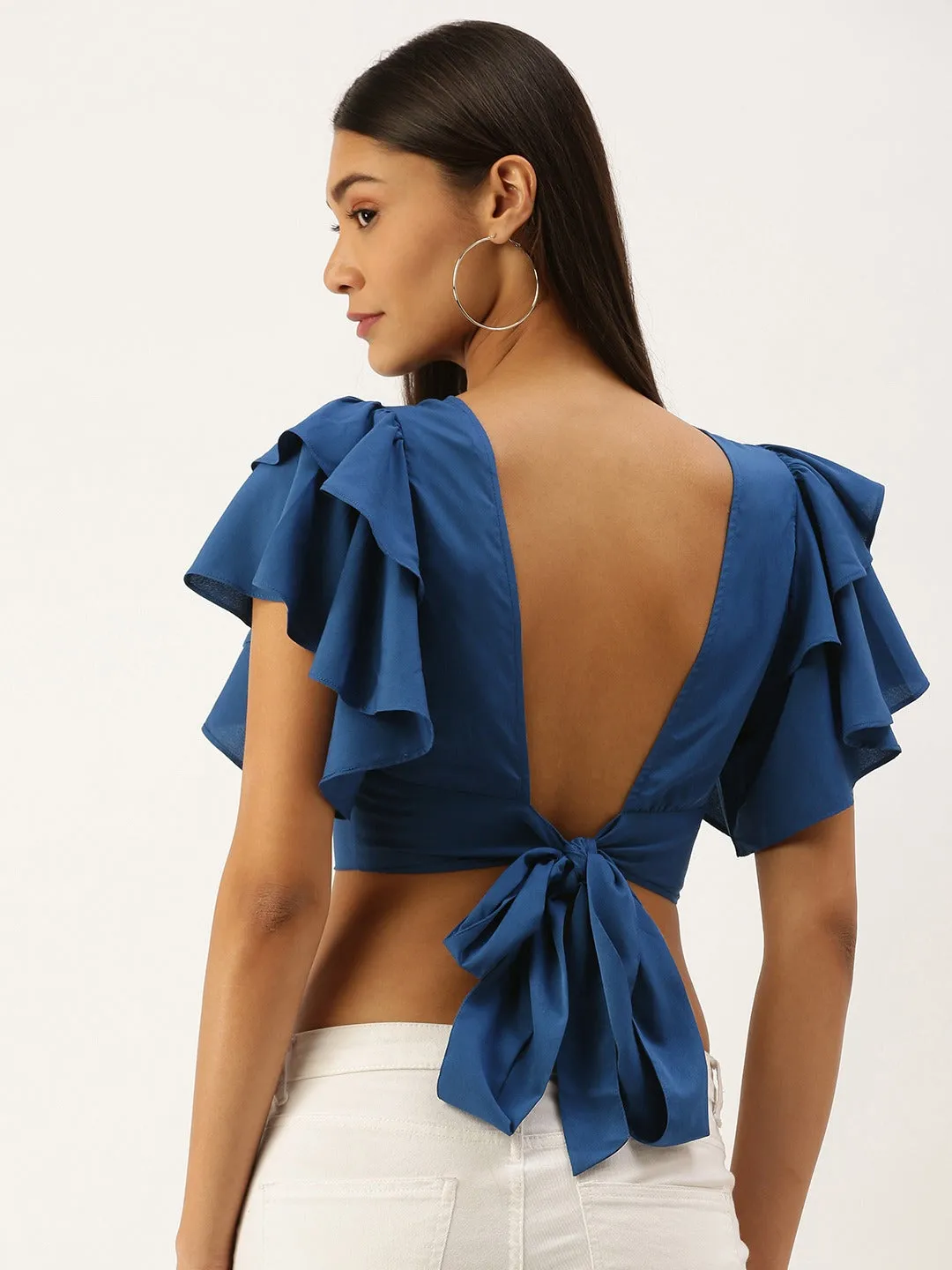 Berrylush Women Solid Blue Open-Back Blouson Crop Top