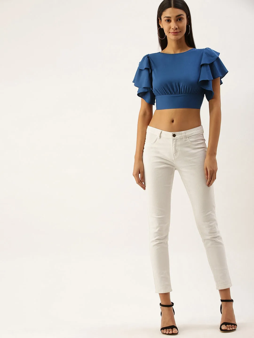 Berrylush Women Solid Blue Open-Back Blouson Crop Top