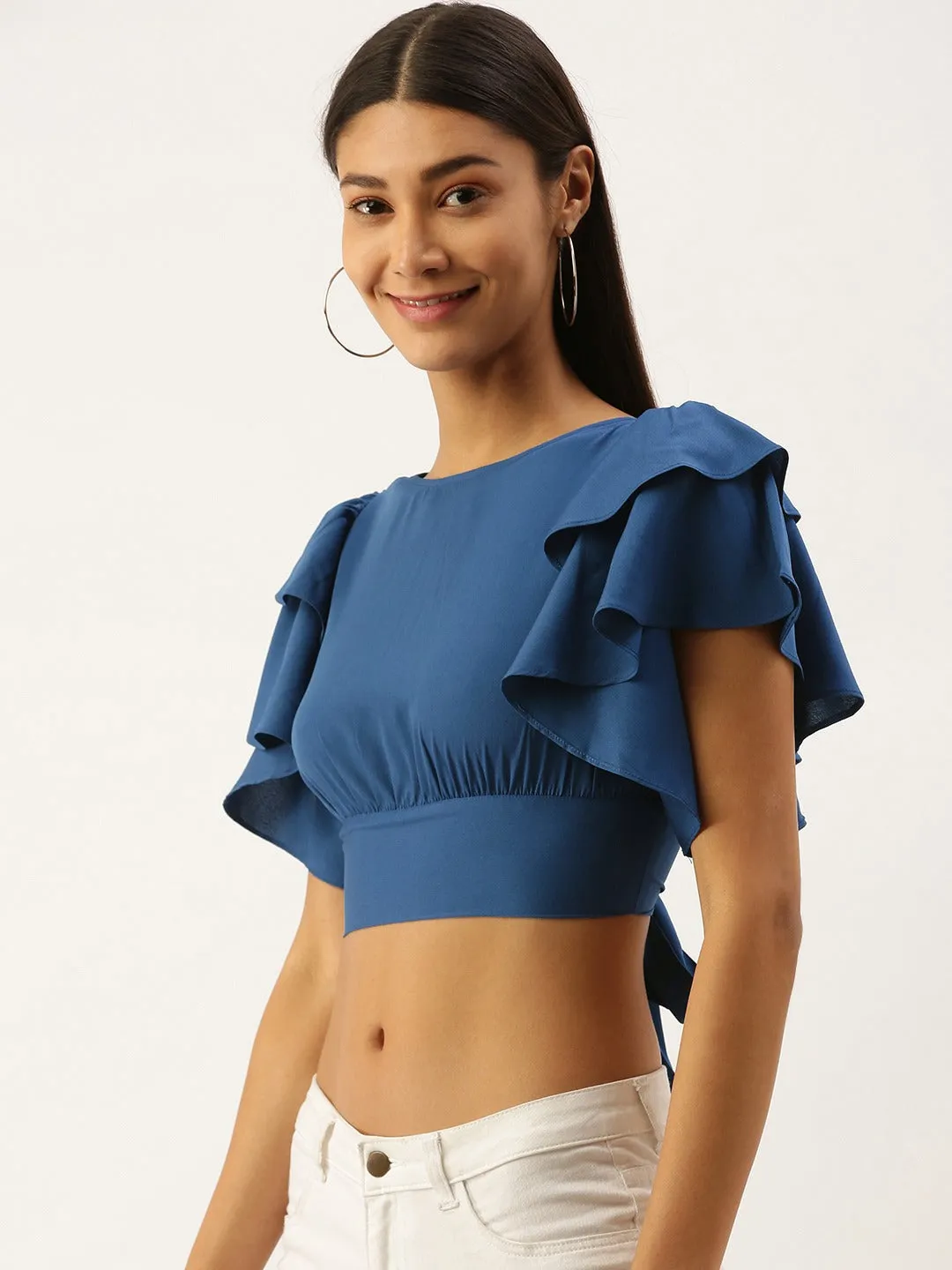 Berrylush Women Solid Blue Open-Back Blouson Crop Top