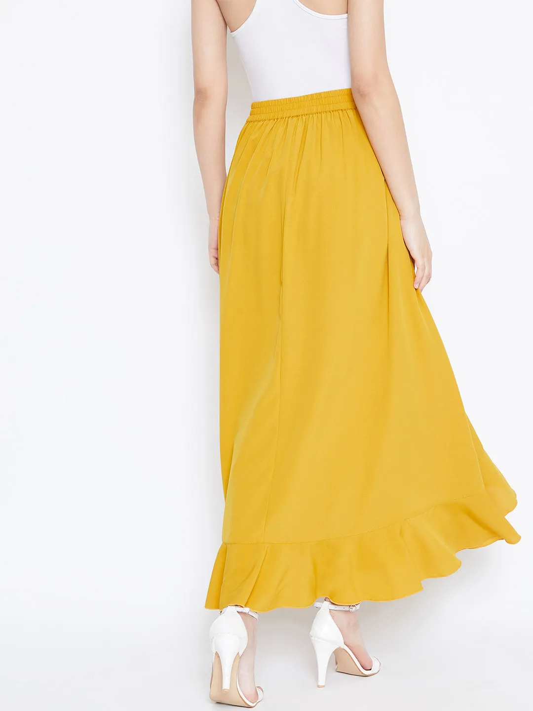 Berrylush Women Solid Yellow Waist Tie-Up Ruffled Maxi Skirt With Attached Trousers