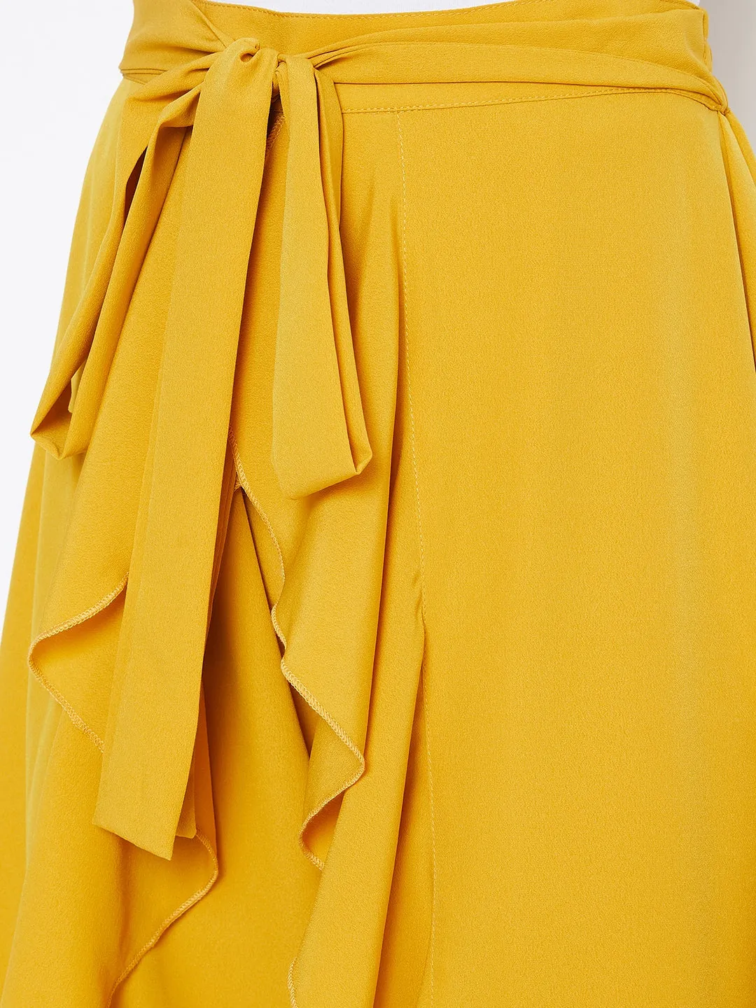 Berrylush Women Solid Yellow Waist Tie-Up Ruffled Maxi Skirt With Attached Trousers