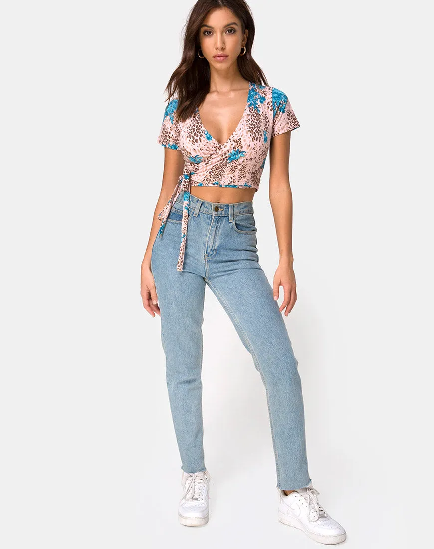 Bilen Crop Top in Jungle Flower Blue and Cream