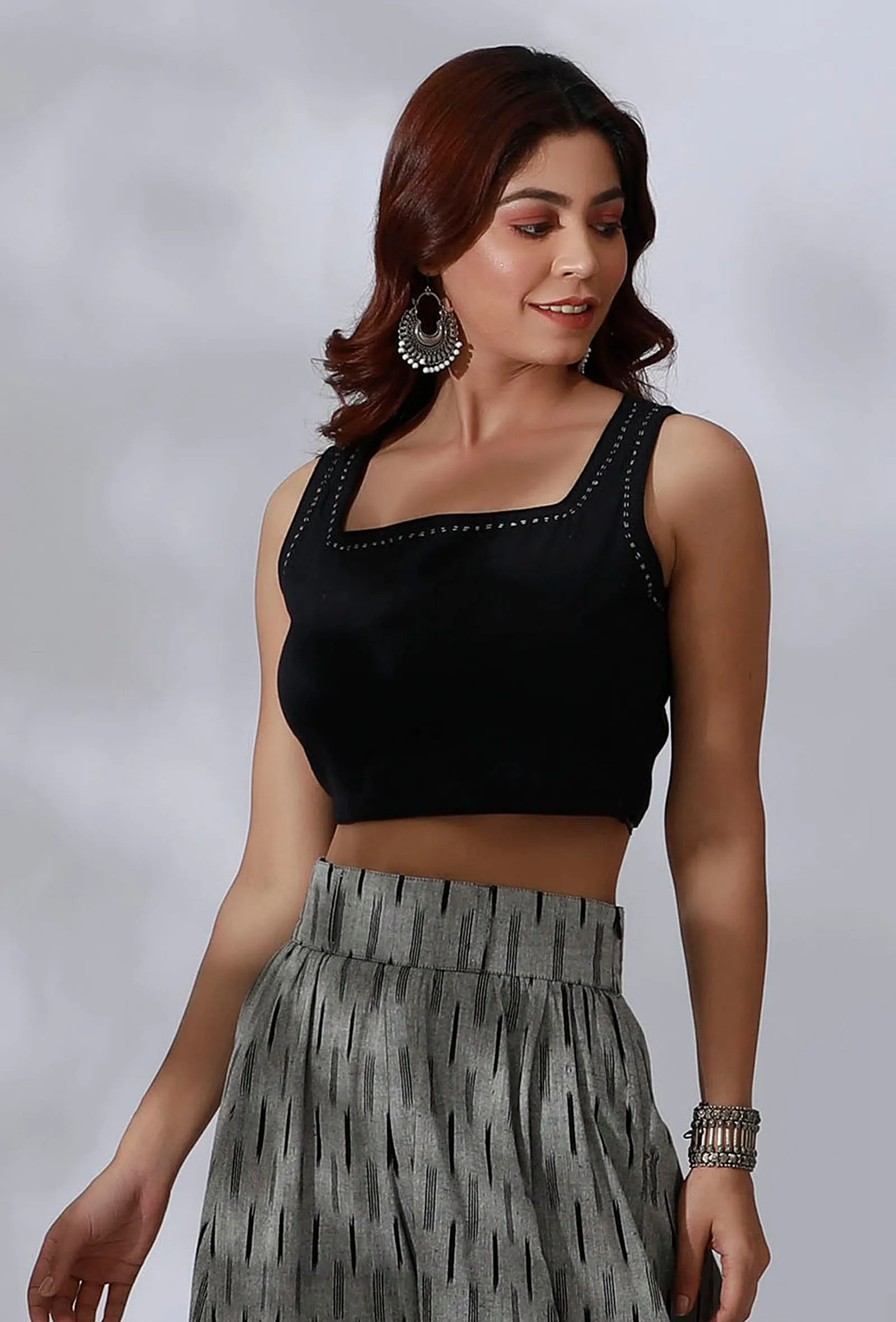 Black Cotton Crop Top With Embroidery Detailing