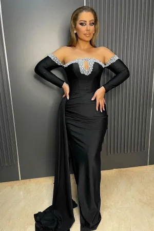 Black Long Sleeves Mermaid Off the Shoulder Satin Beads Formal Prom Dresses with Slit