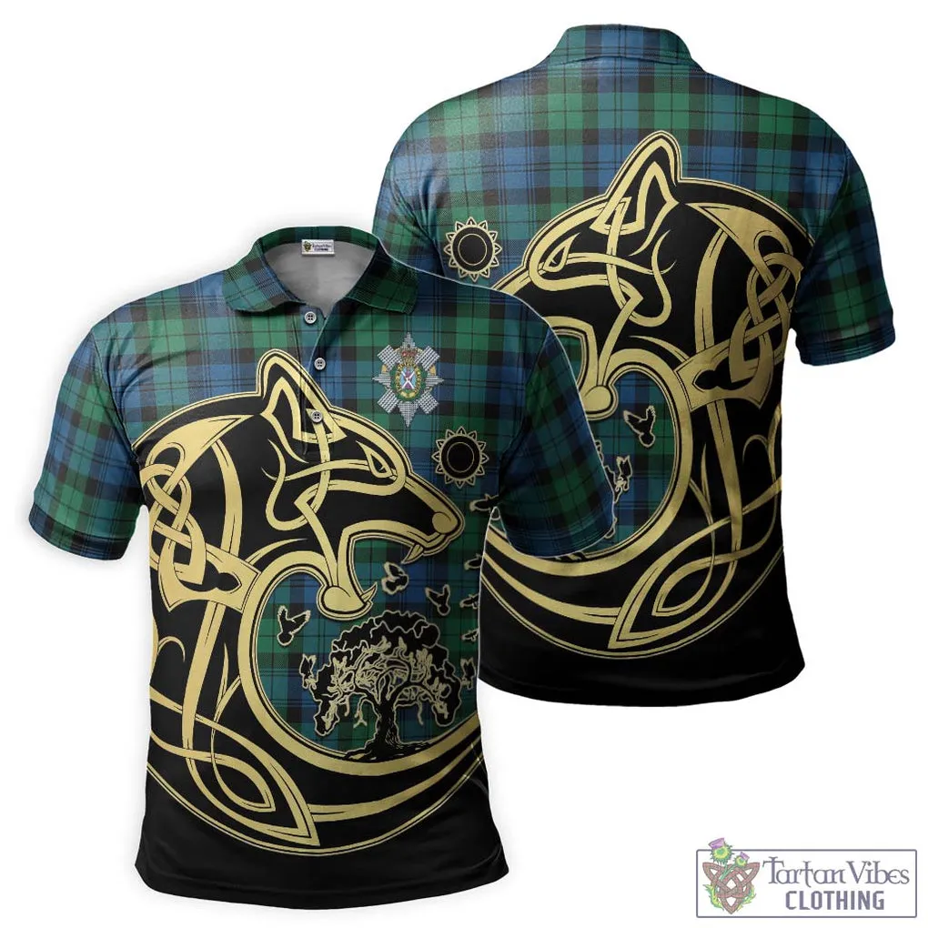 Black Watch Ancient Tartan Polo Shirt with Family Crest Celtic Wolf Style