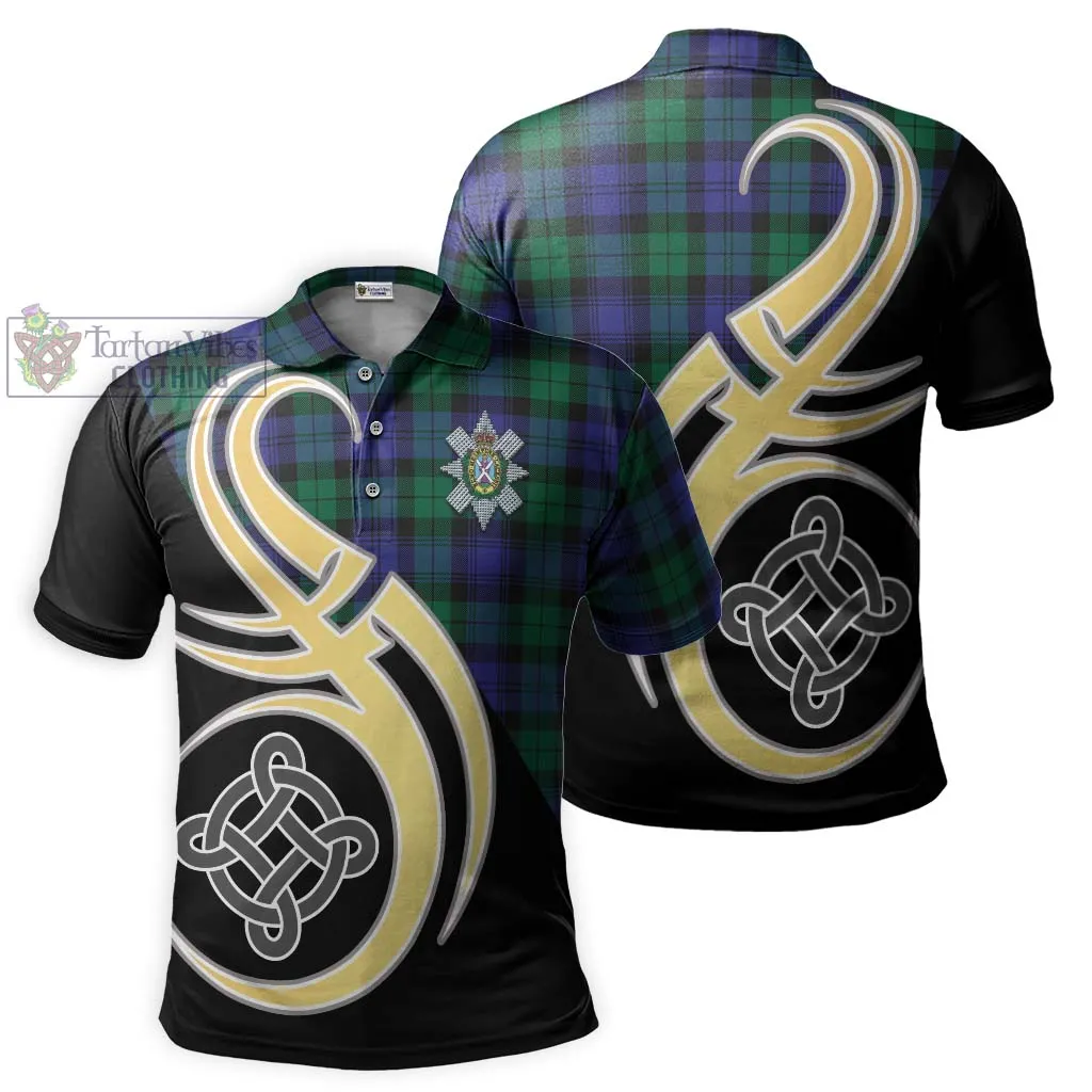 Black Watch Modern Tartan Polo Shirt with Family Crest and Celtic Symbol Style