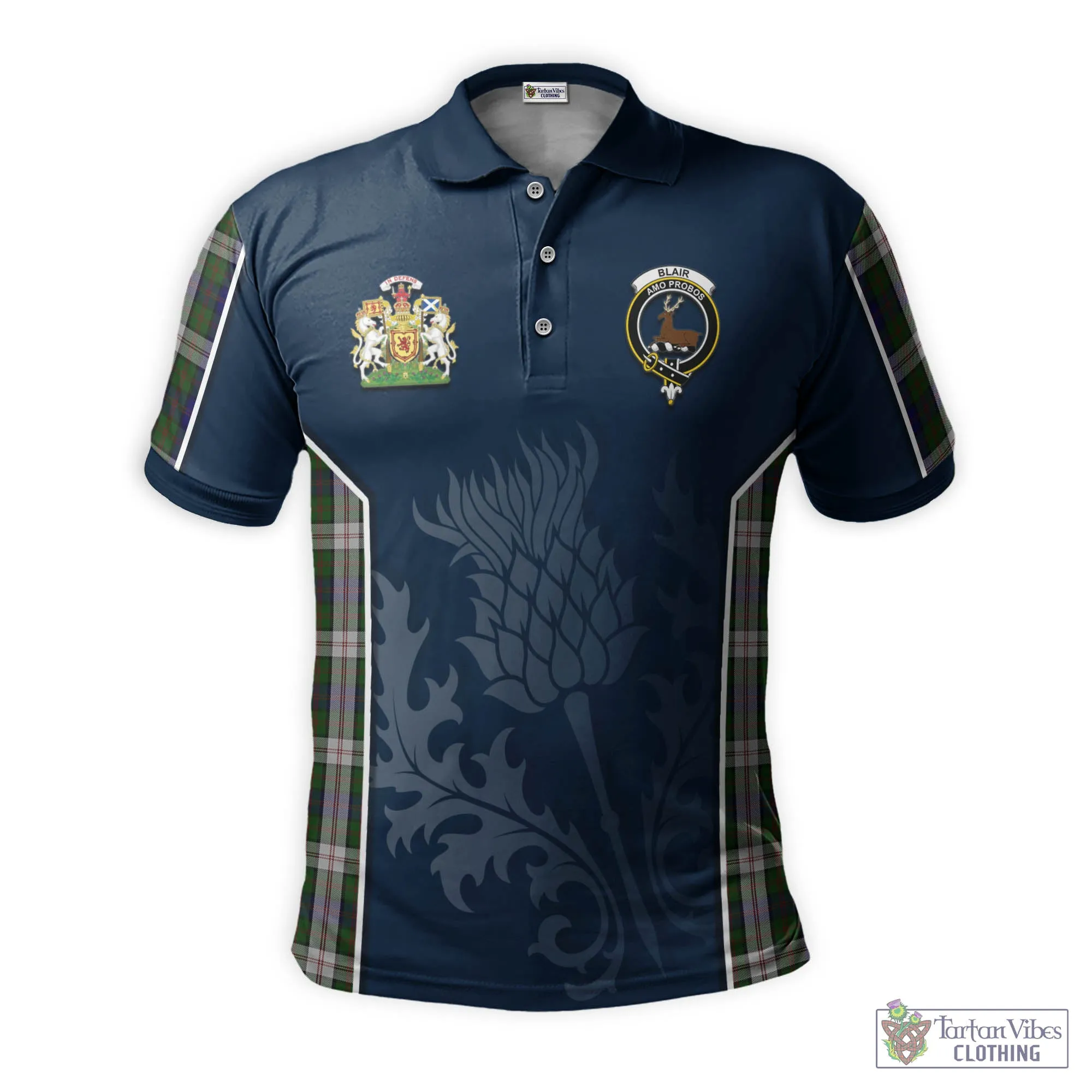 Blair Dress Tartan Men's Polo Shirt with Family Crest and Scottish Thistle Vibes Sport Style