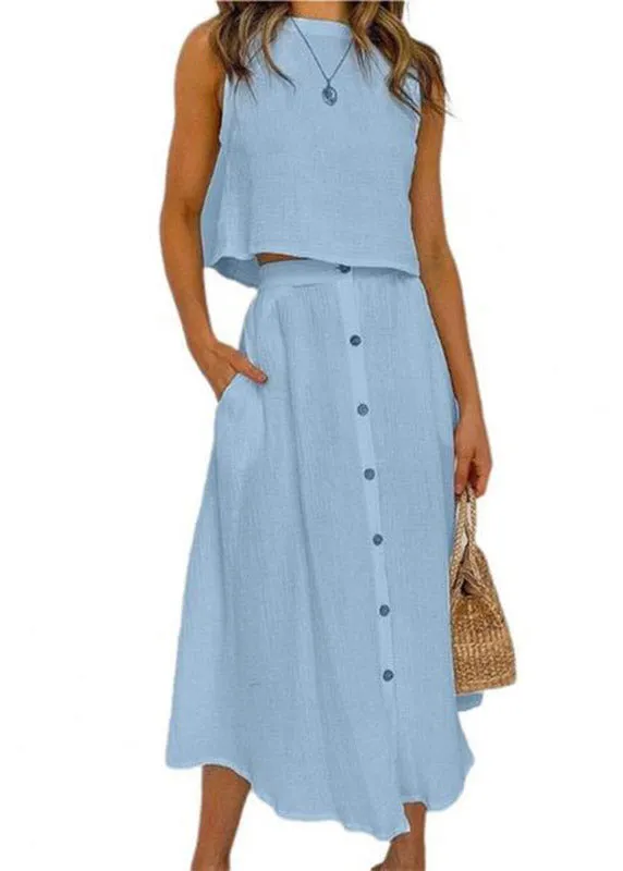 Brief Blue O-Neck Solid Top And Maxi Skirts Two Pieces Set Summer LY3878