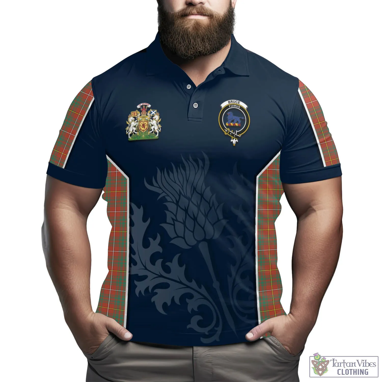 Bruce Ancient Tartan Men's Polo Shirt with Family Crest and Scottish Thistle Vibes Sport Style