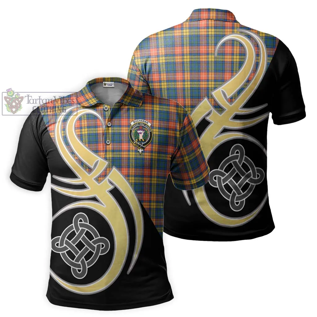 Buchanan Ancient Tartan Polo Shirt with Family Crest and Celtic Symbol Style