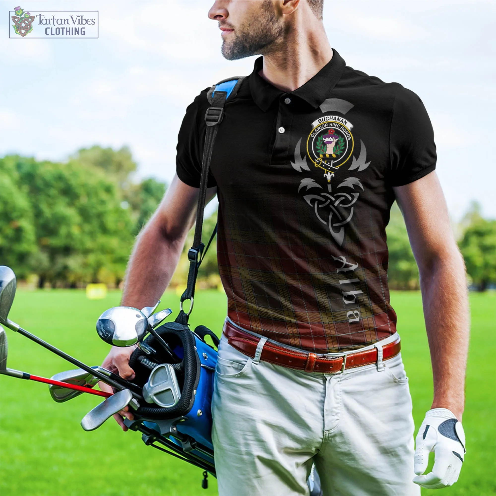 Buchanan Old Set Weathered Tartan Polo Shirt Featuring Alba Gu Brath Family Crest Celtic Inspired