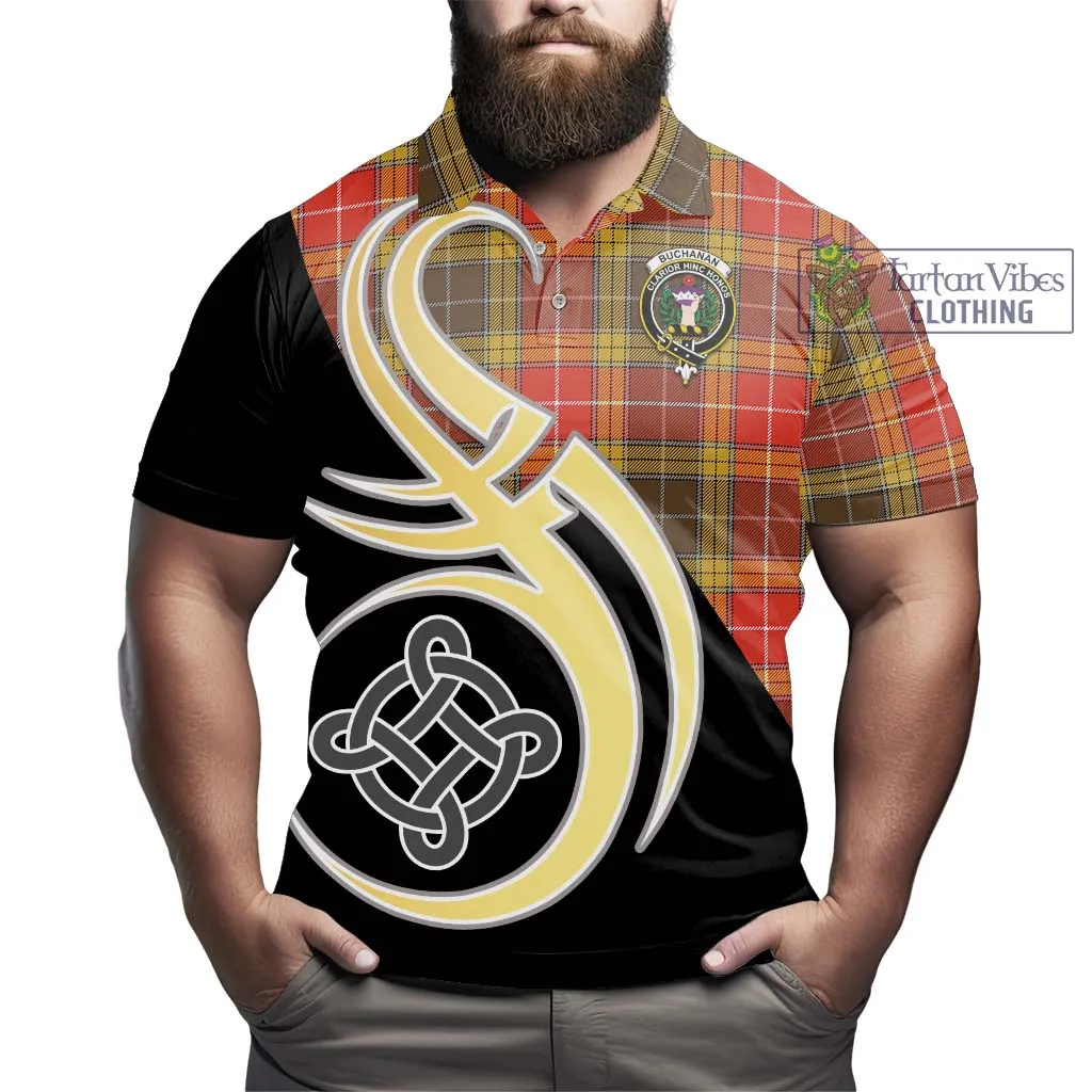 Buchanan Old Set Weathered Tartan Polo Shirt with Family Crest and Celtic Symbol Style