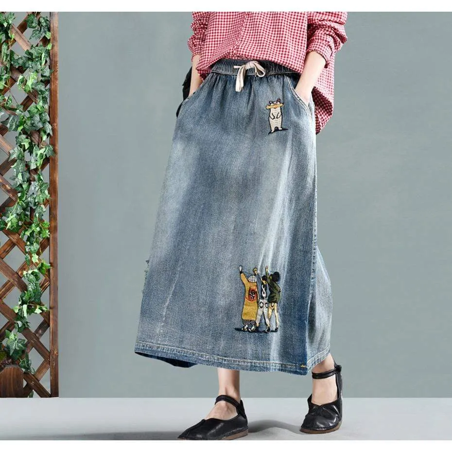 Cartoon Embroidered Denim Skirt