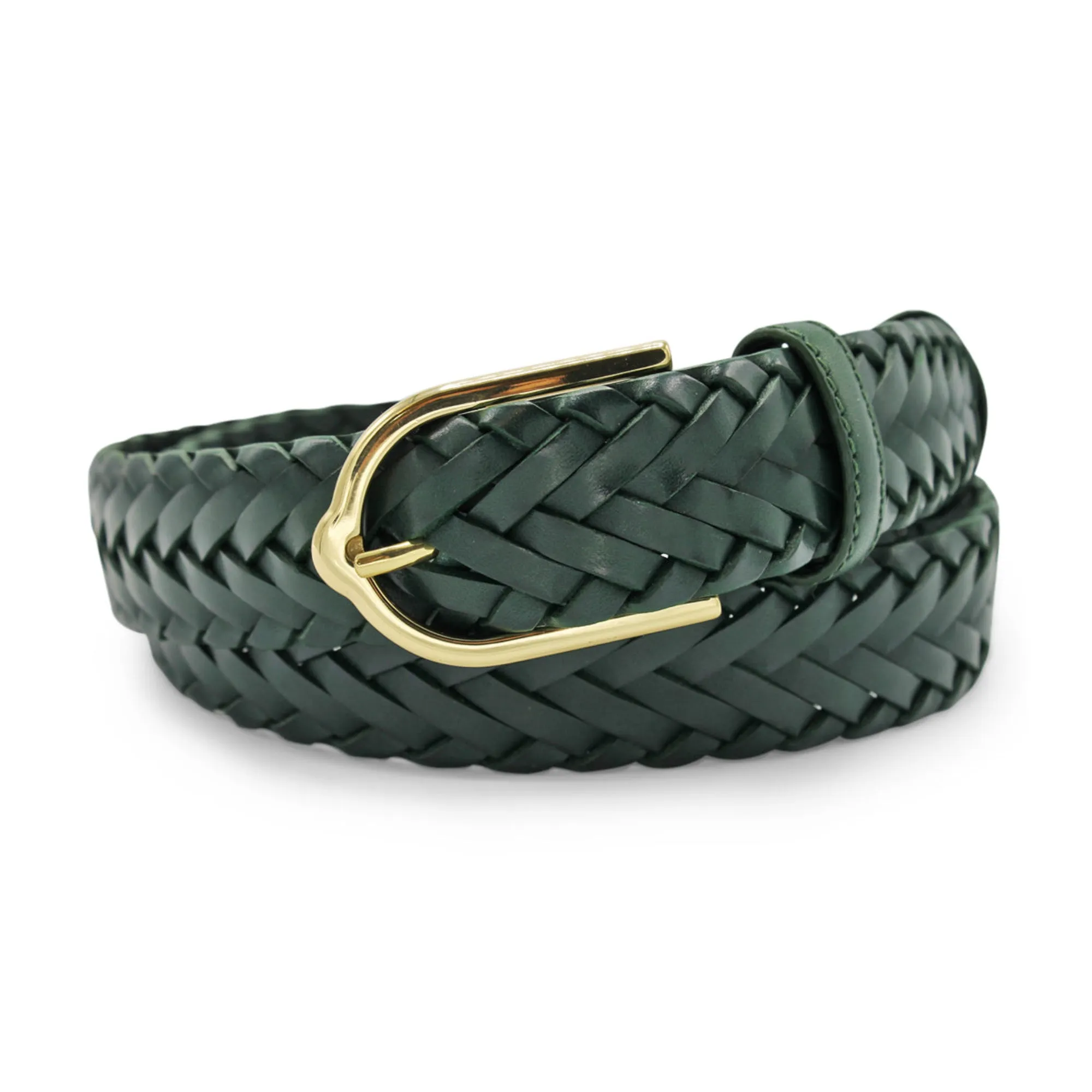 Classic Forest Green Leather Handweave Gold Stirrup Belt