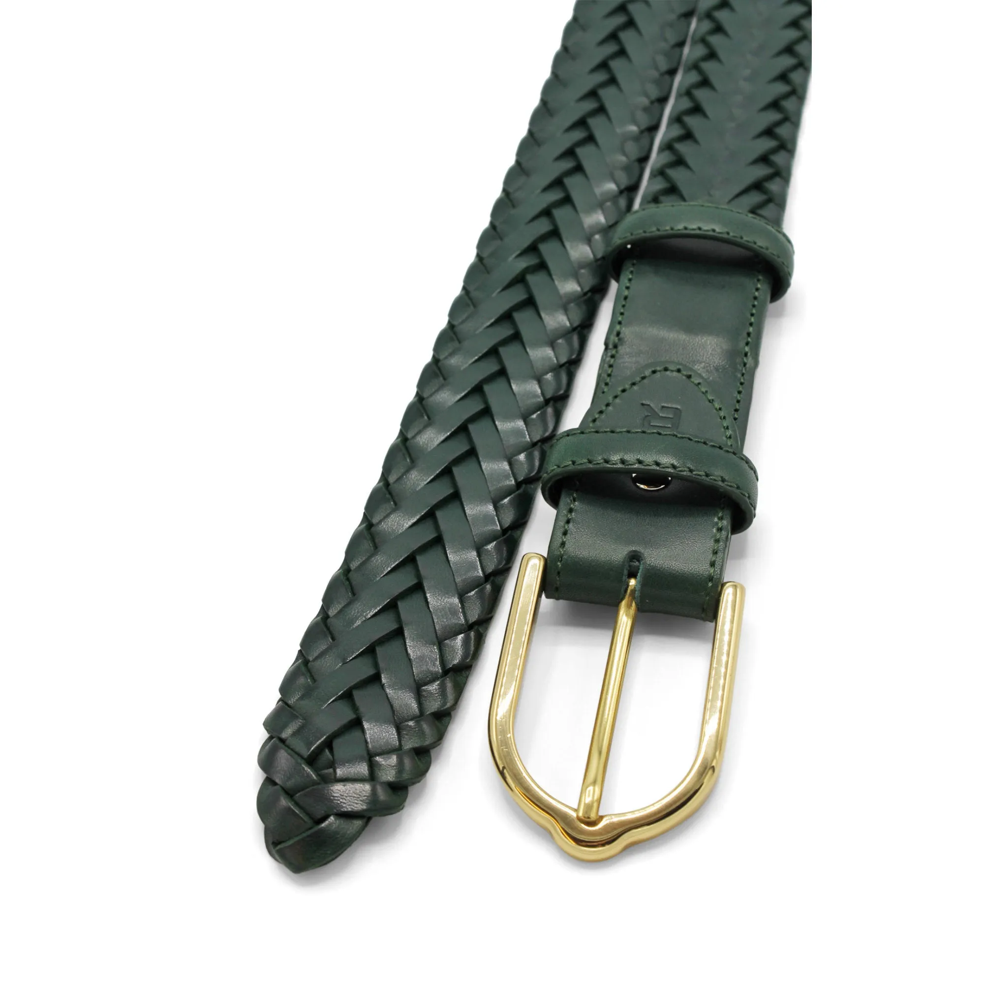 Classic Forest Green Leather Handweave Gold Stirrup Belt