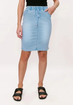 Country Denim Drawstring Knee Length Skirt - Light Blue