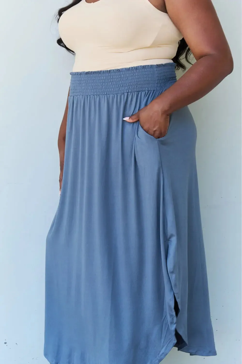 Doublju Comfort Princess Full Size High Waist Scoop Hem Maxi Skirt in Dusty Blue