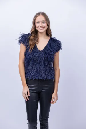 Emily Shalant Feather V-neck Short Sleeve Top in Navy