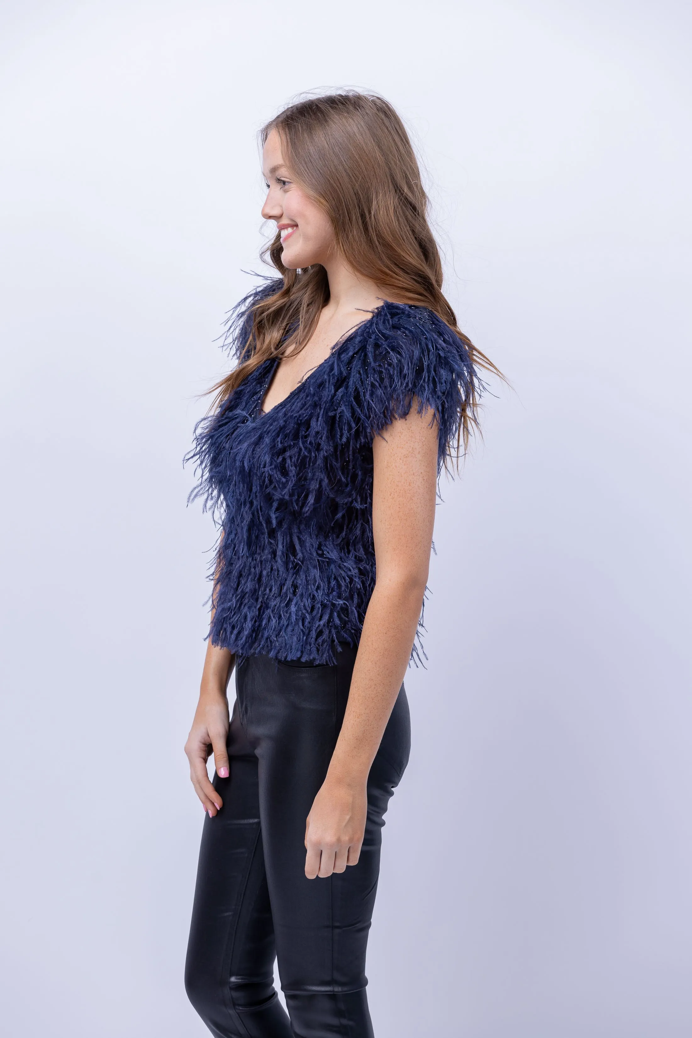 Emily Shalant Feather V-neck Short Sleeve Top in Navy