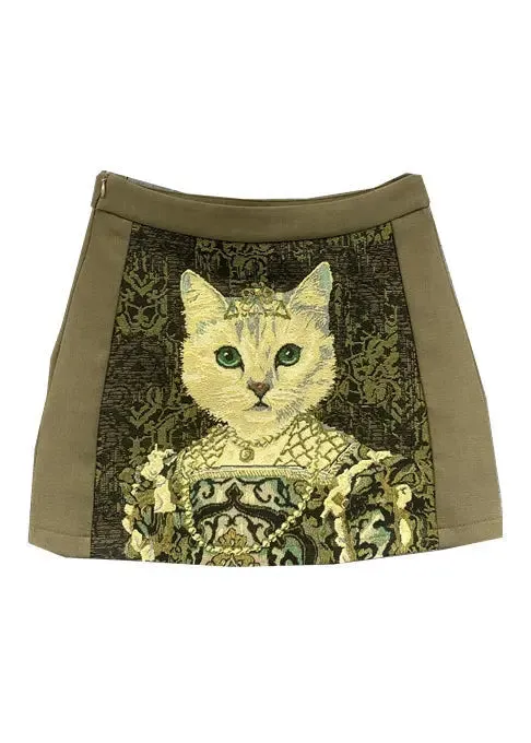 Fashion Versatile Coffee Animal Embroidered Cotton Skirts Autumn  ML0714