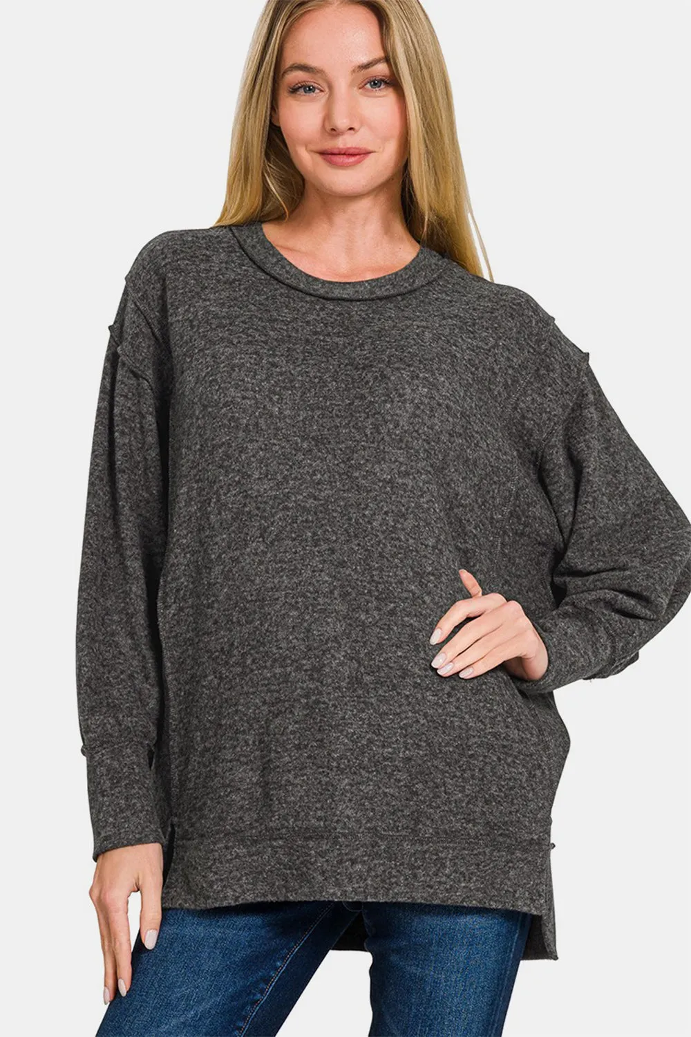 Full Size High-Low Round Neck Long Sleeve Sweater