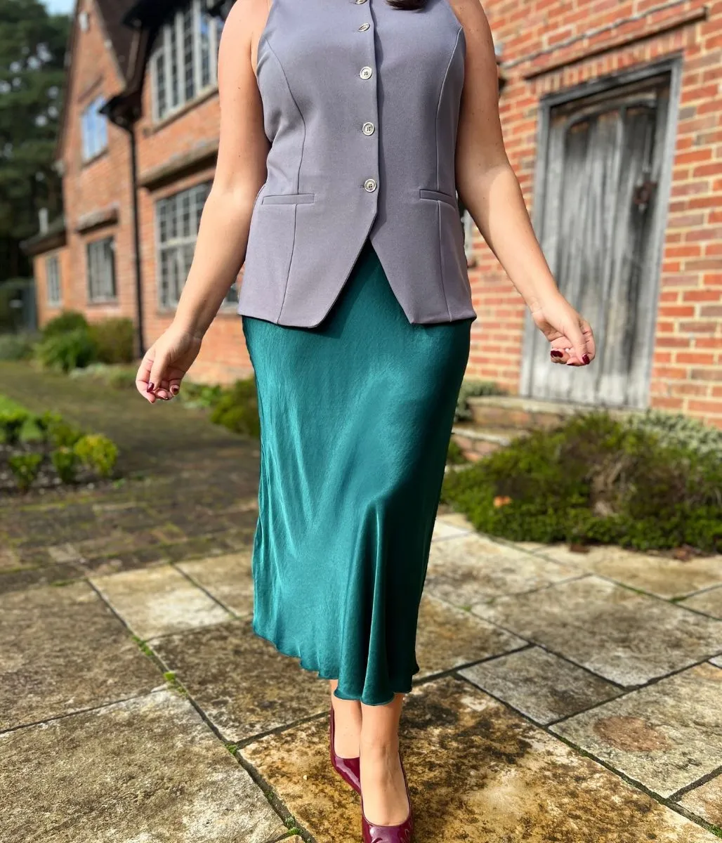 Green Satin Slip Midi Skirt