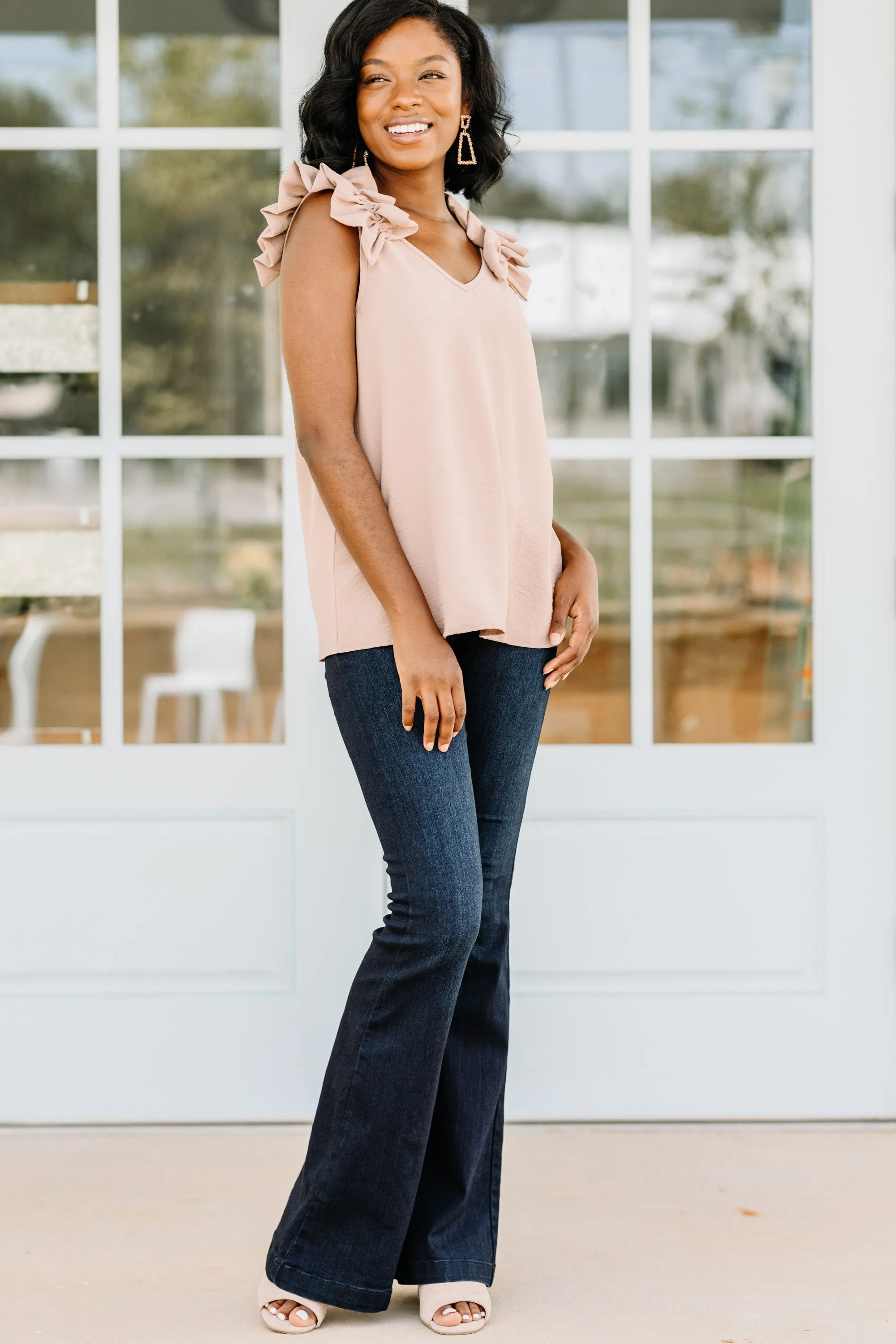 Happy Days Taupe Brown Ruffled Tank