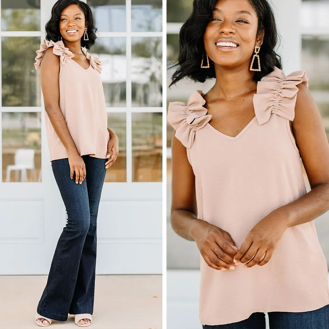 Happy Days Taupe Brown Ruffled Tank