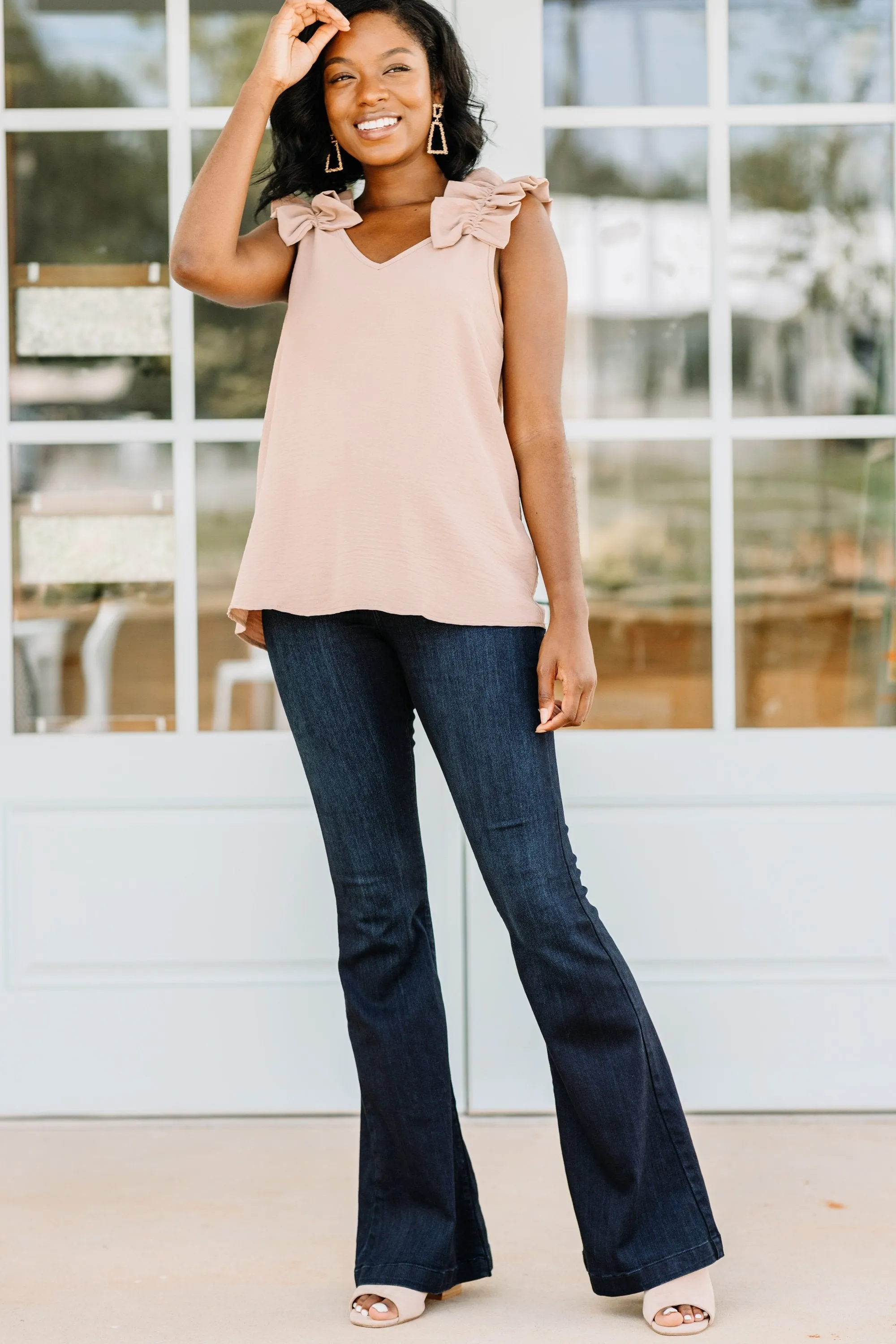 Happy Days Taupe Brown Ruffled Tank