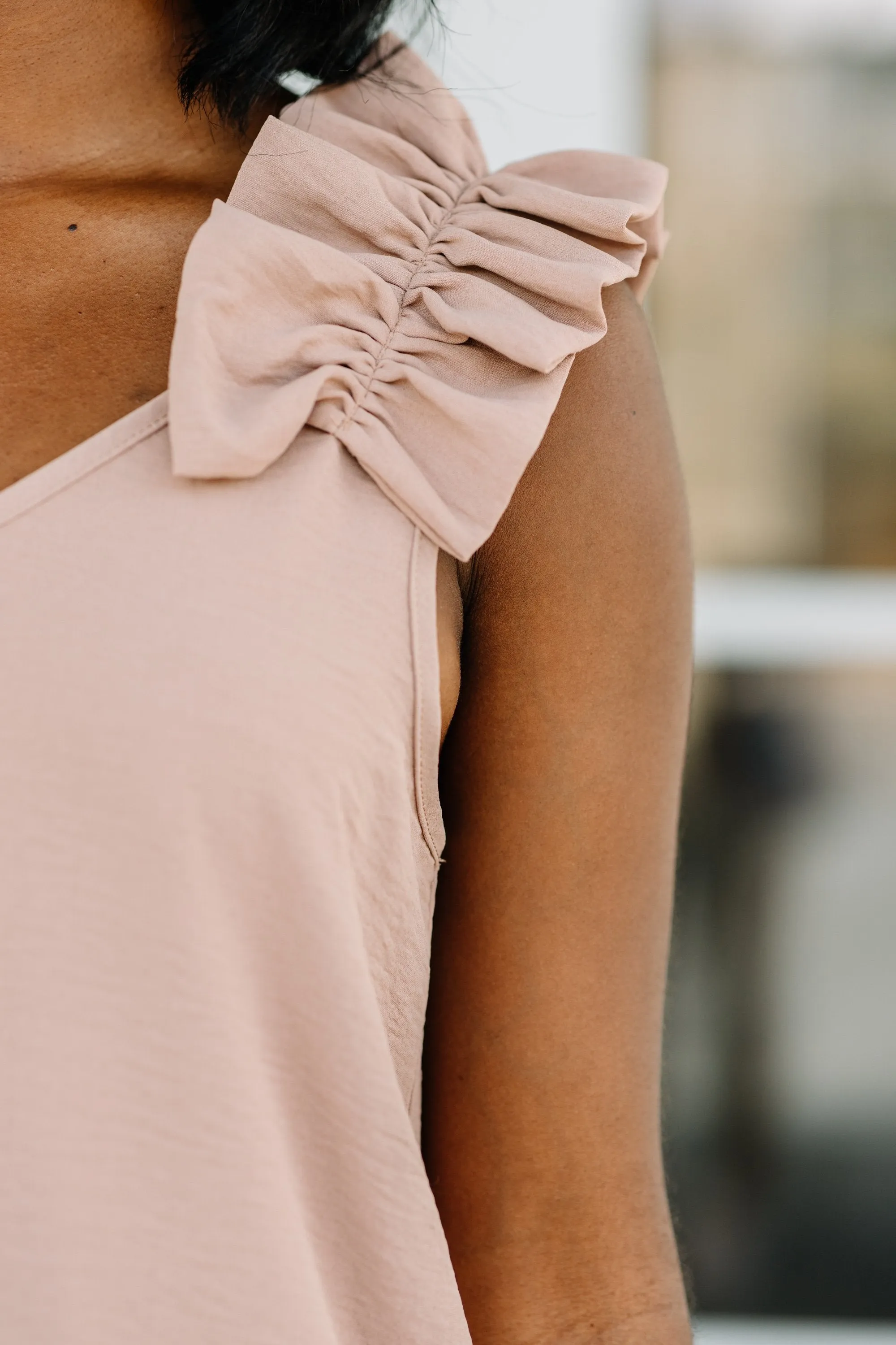 Happy Days Taupe Brown Ruffled Tank