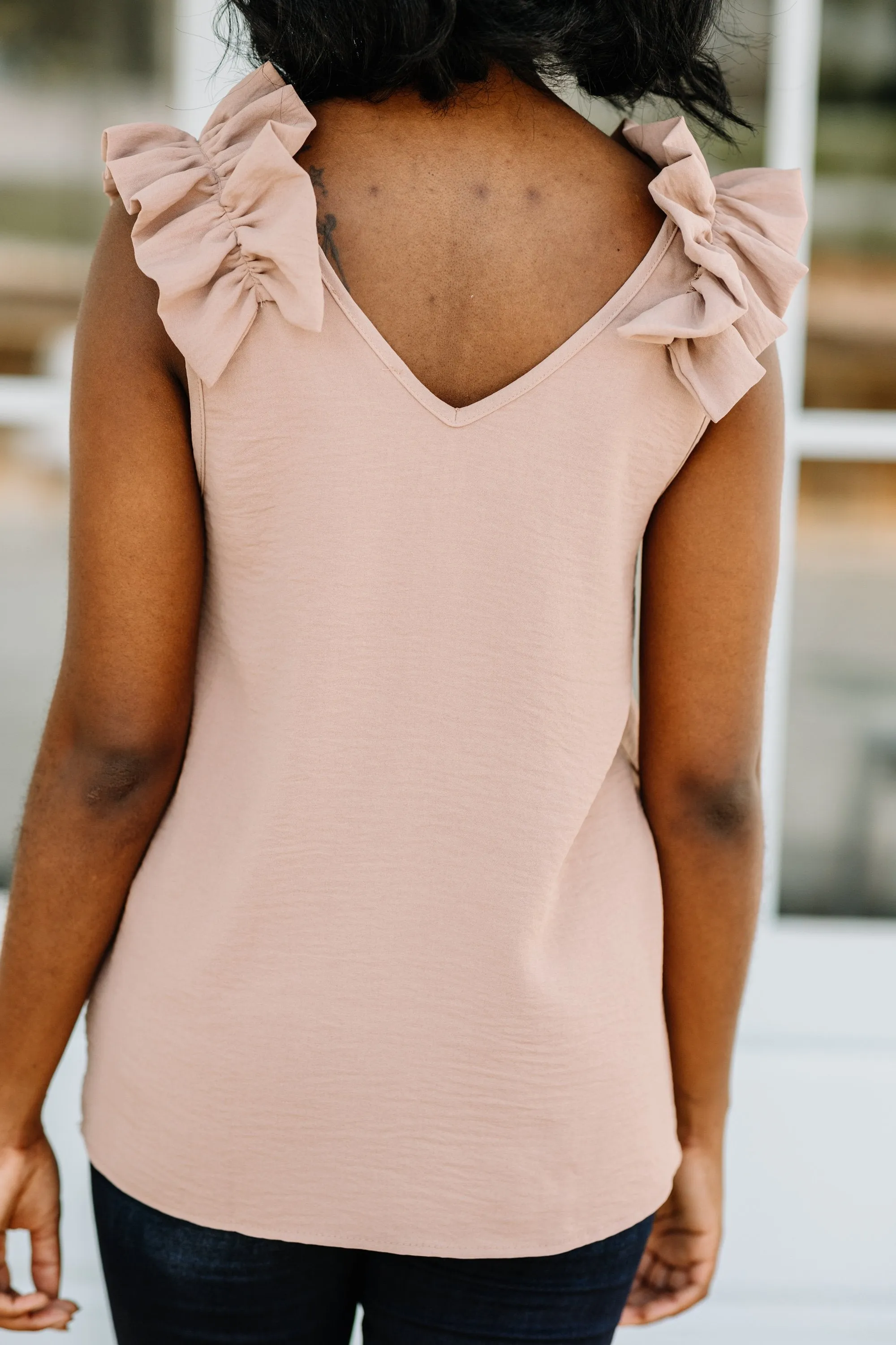 Happy Days Taupe Brown Ruffled Tank