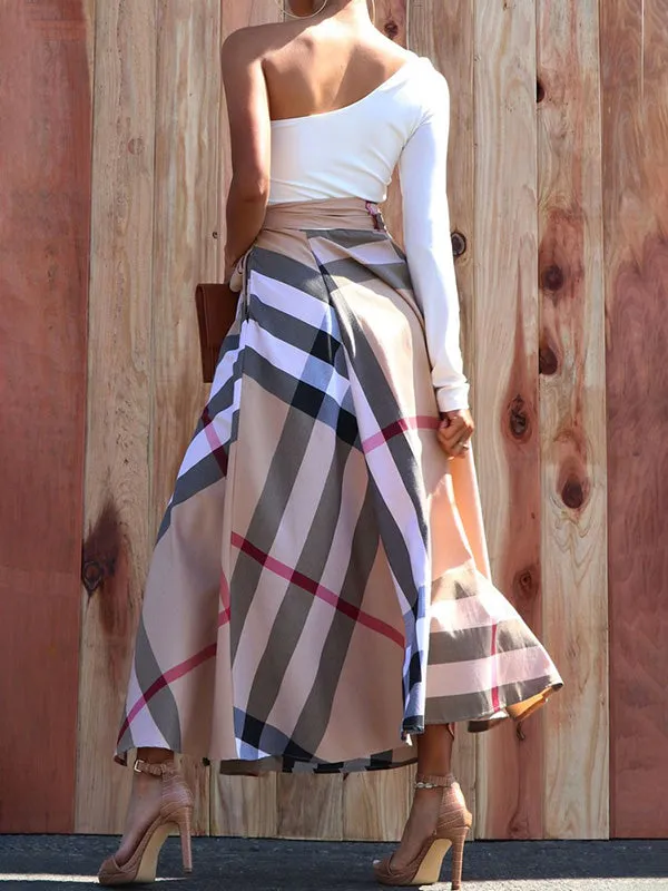 High Waisted Loose Plaid Split-Side Tied Waist Skirts Bottoms