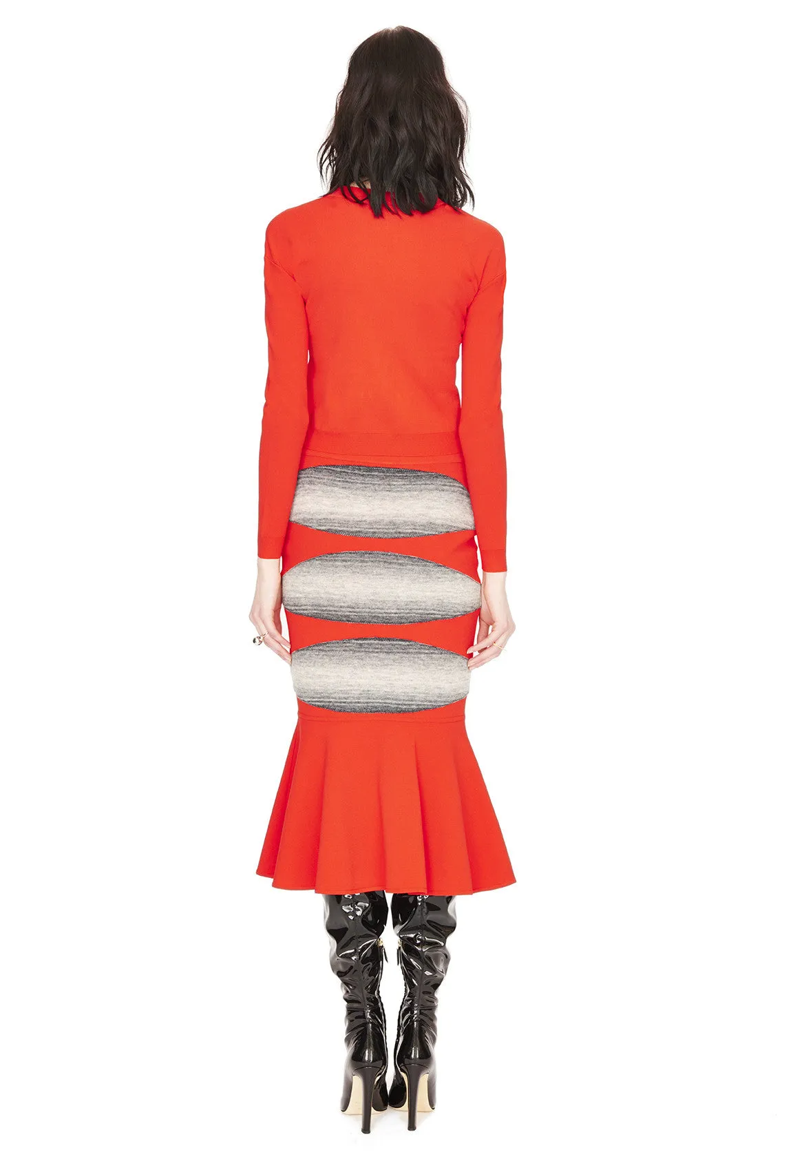 Jacqueline - Knit Poppy Red Trumpet Skirt with Tonal Grey Motif