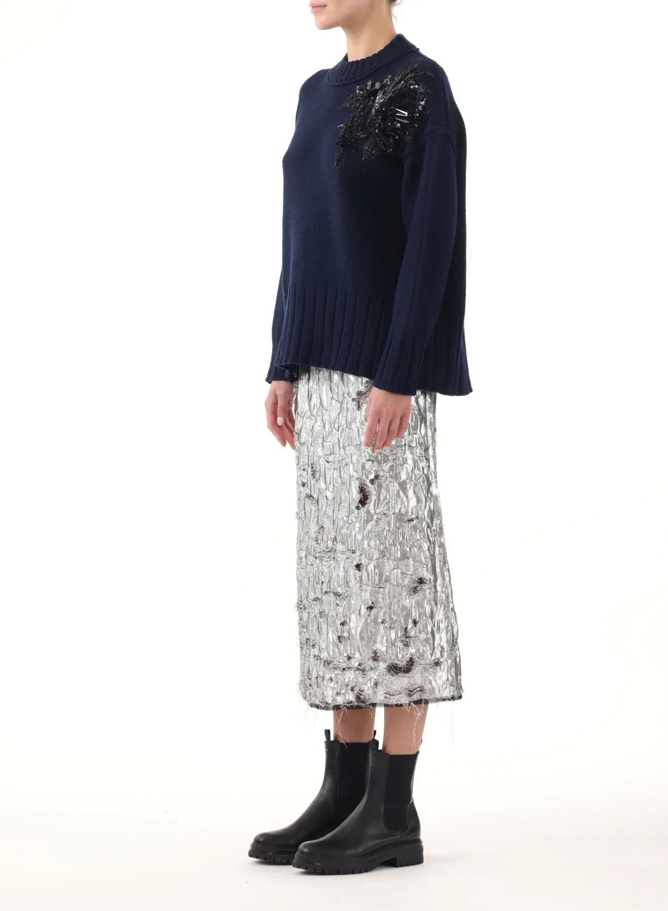 METALLIC CLOQUE JACQUARD MIDI SKIRT