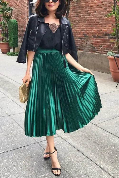 Metallic Pleated Maxi Skirts