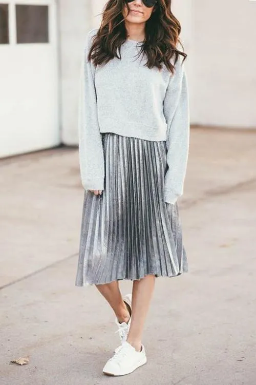 Metallic Pleated Maxi Skirts