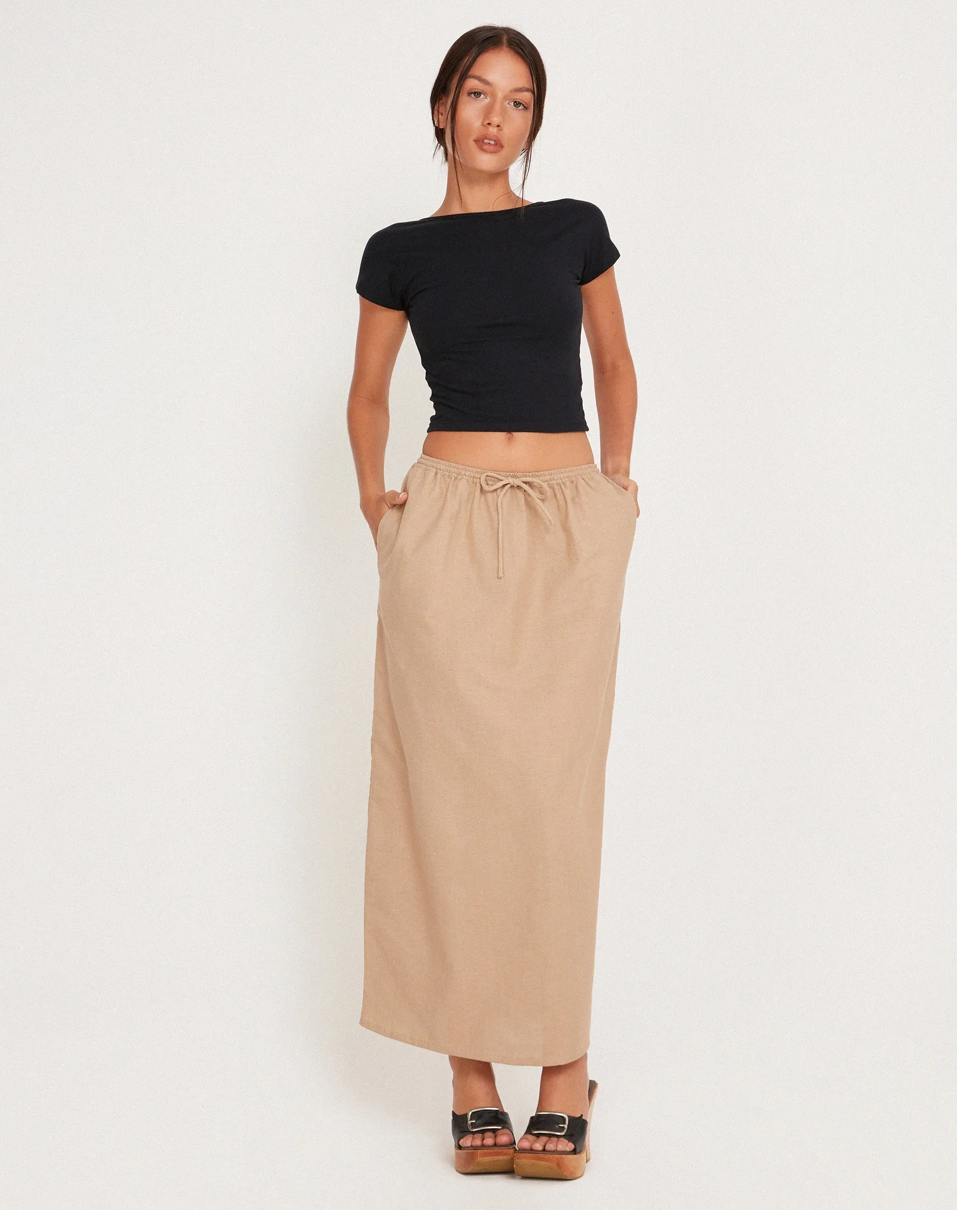 MOTEL X JACQUIE Joelene Tie Waist Maxi Skirt in Light Taupe