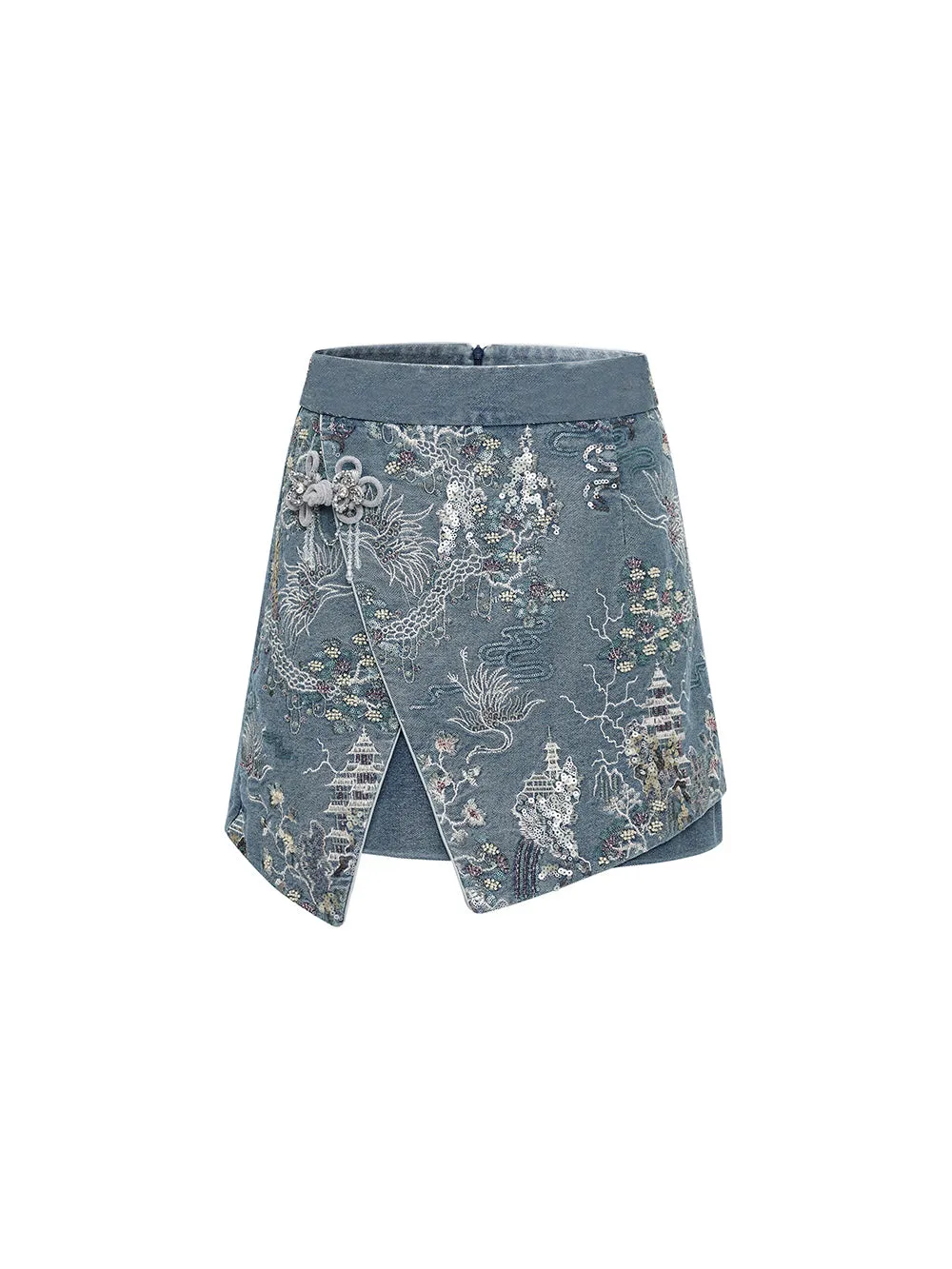 MUKZIN Linglong“Denim Series”Heavy Embellished Sequin Embroidery Asymmetrical Denim Skirt